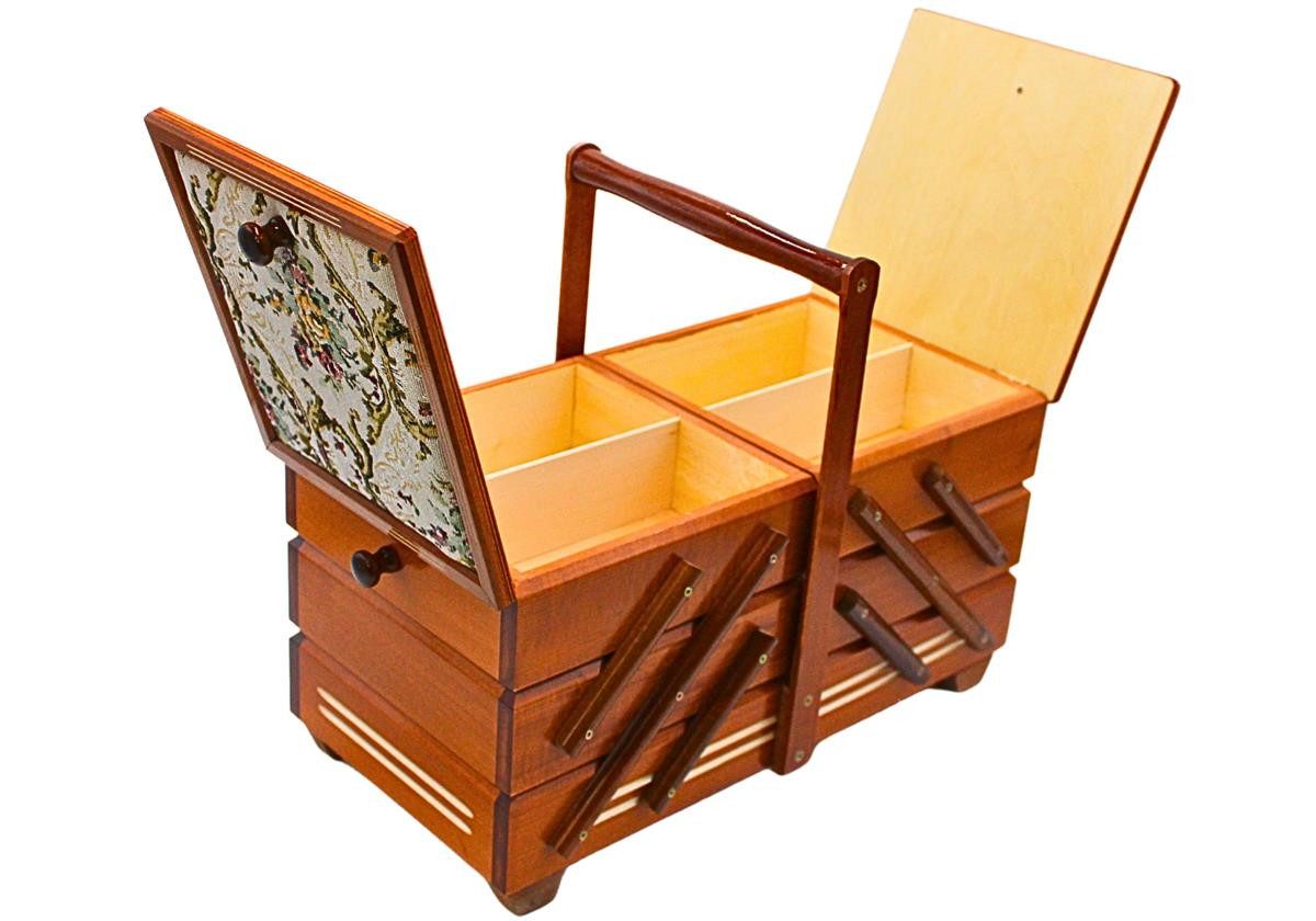 Dekohelden24 Nähkorb Hochwertiger Nähkasten, Nähkästchen aus Furnierholz mit 7 Fächern und (1 St), und Stoffbezug Rosenmotiv in Mahagoni, L/B/H 42 x 20 x 21 cm  – Bild 4 von 5
