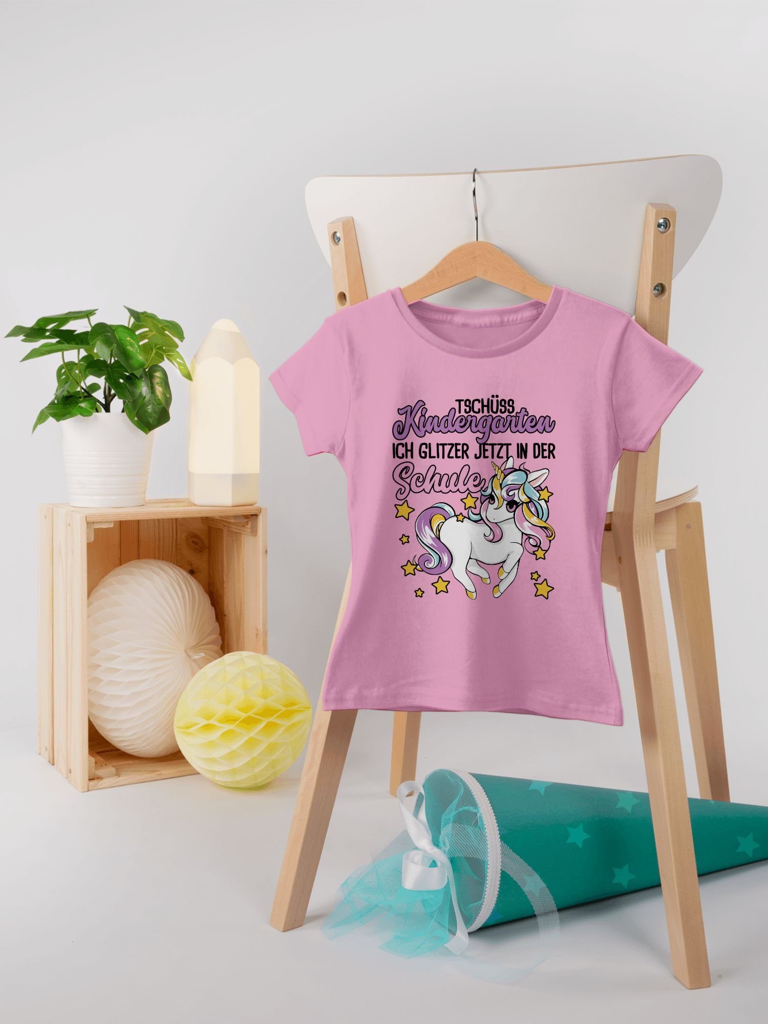 Einschulung - Shirtracer Kindergarten T-Shirt jetzt der Schule in 2 Einhorn Mädchen Rosa Tschüss Glitzer