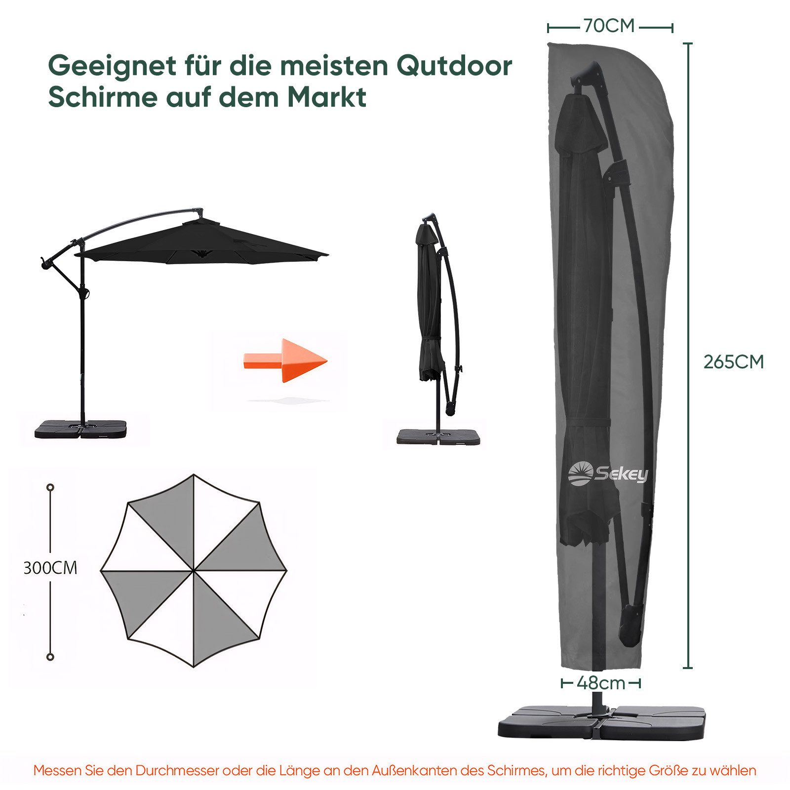 Sekey Sonnenschirm-Schutzhülle Sonnenschirm Schutzhülle Wasserdicht Abdeckung Abdeckhaube Schutzhaube, aus Polyester, für 300 cm Ampelschirm, Größe: XXXL – Bild 2 von 5