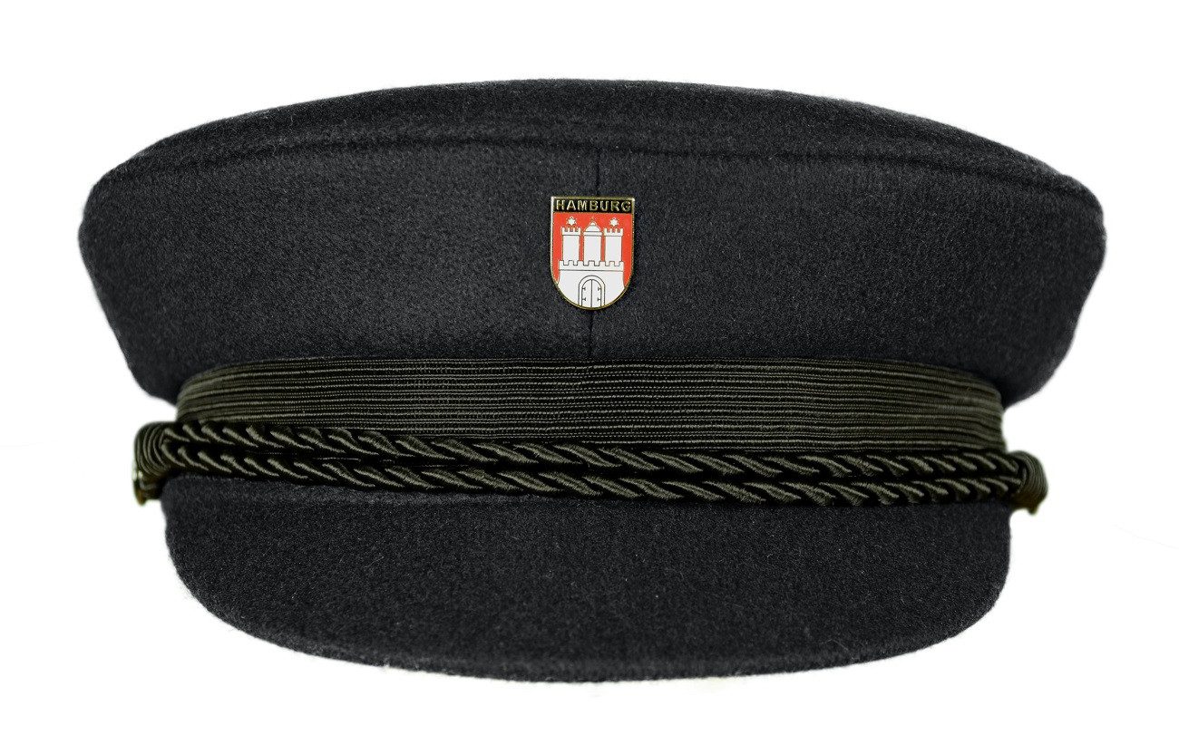 MADSea Schiebermütze Elbsegler schwarz Pin Hamburg Wappen Schrift maritime Kapitänsmütze mit Krone, Zierband, Kordel und Pin