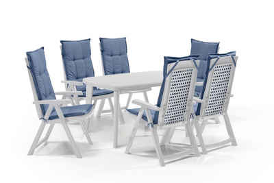 Shaf Gartenlounge-Set Shaf Diningset Milano weiß 7 teilig, mit Stühle, Tisch, und Polster, klappbarer Stuhl, verstellbare Rückenlehne