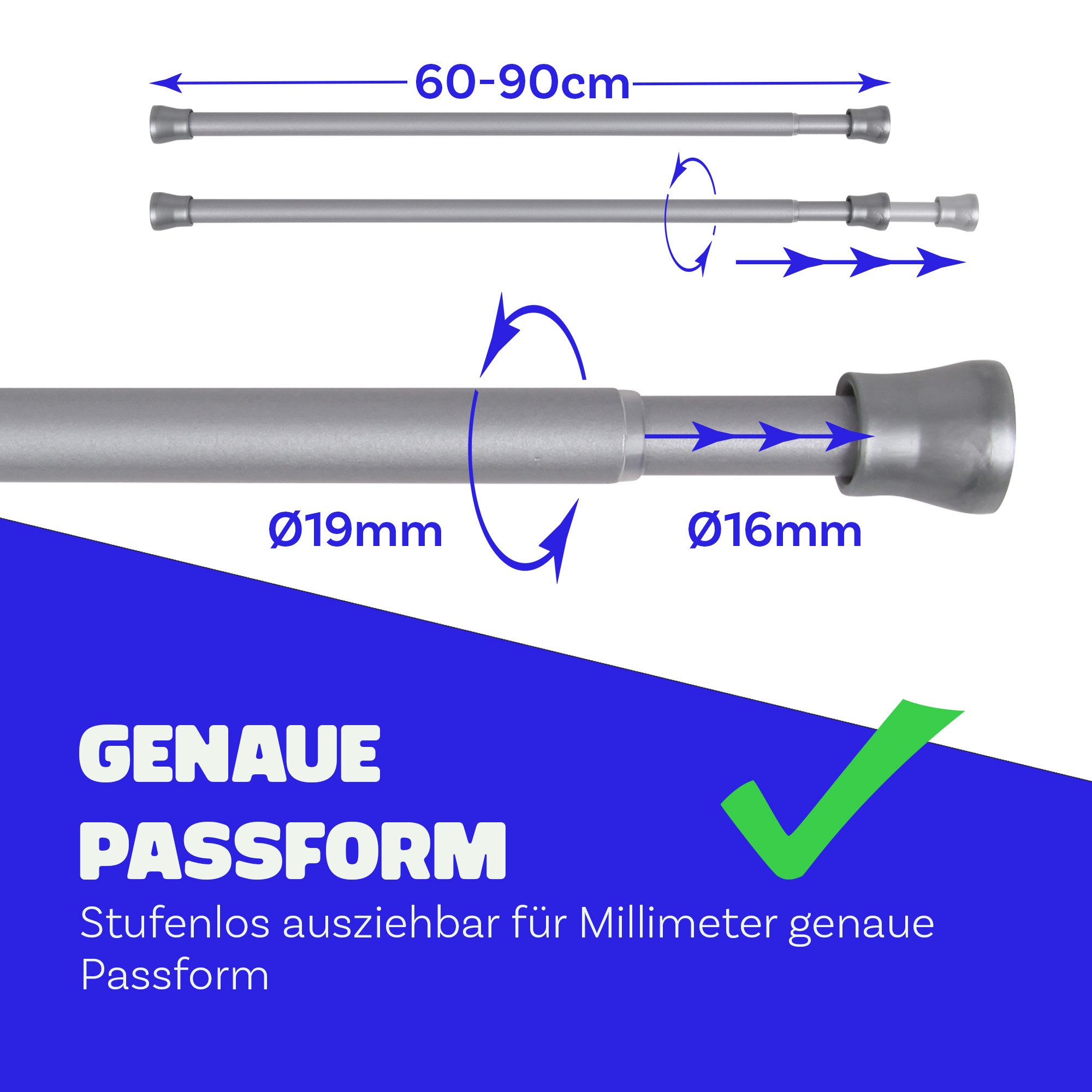 Bestlivings Spannstange ohne Bohren, Ø 19 mm, 1-läufig, ausdrehbar, klemmen, geklemmt, Metall, bis 5 kg belastbar, Stange: Metall, Endstück: Kunststoff (Antirut – Bild 2 von 5
