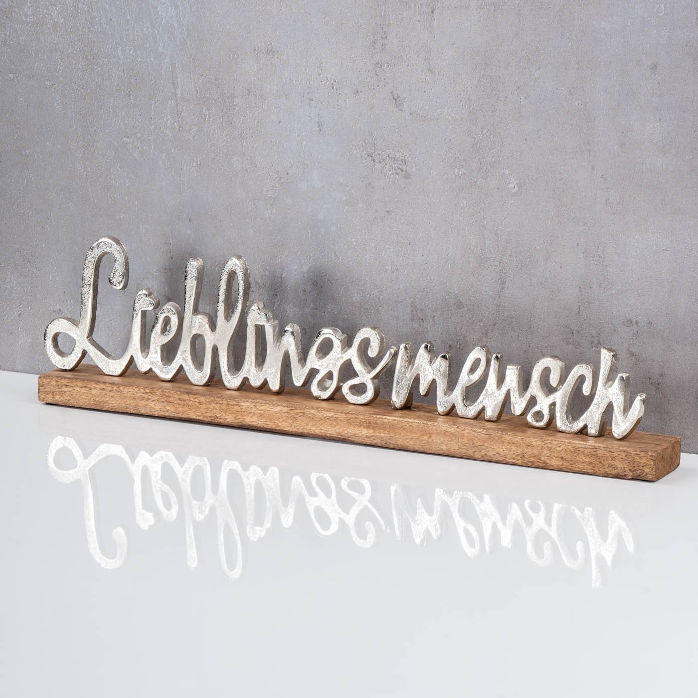 Deko-Schriftzug, L48cm Lieblingsmensch Holz Tischdeko Levandeo® Mango Silber Metall Schriftzug