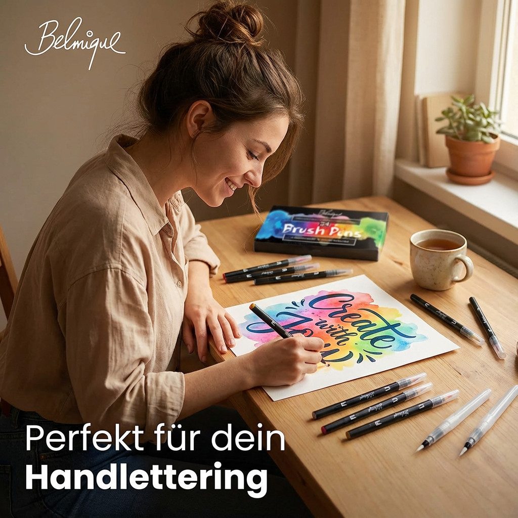 Belmique Aquarellstifte Brush Pens XXL-SET, (INKL. 2 Wassertankpinsel und 24 Blatt Aquarellpapier, 38-tlg., 38 SET), Kalligraphie Stifte, Handlettering