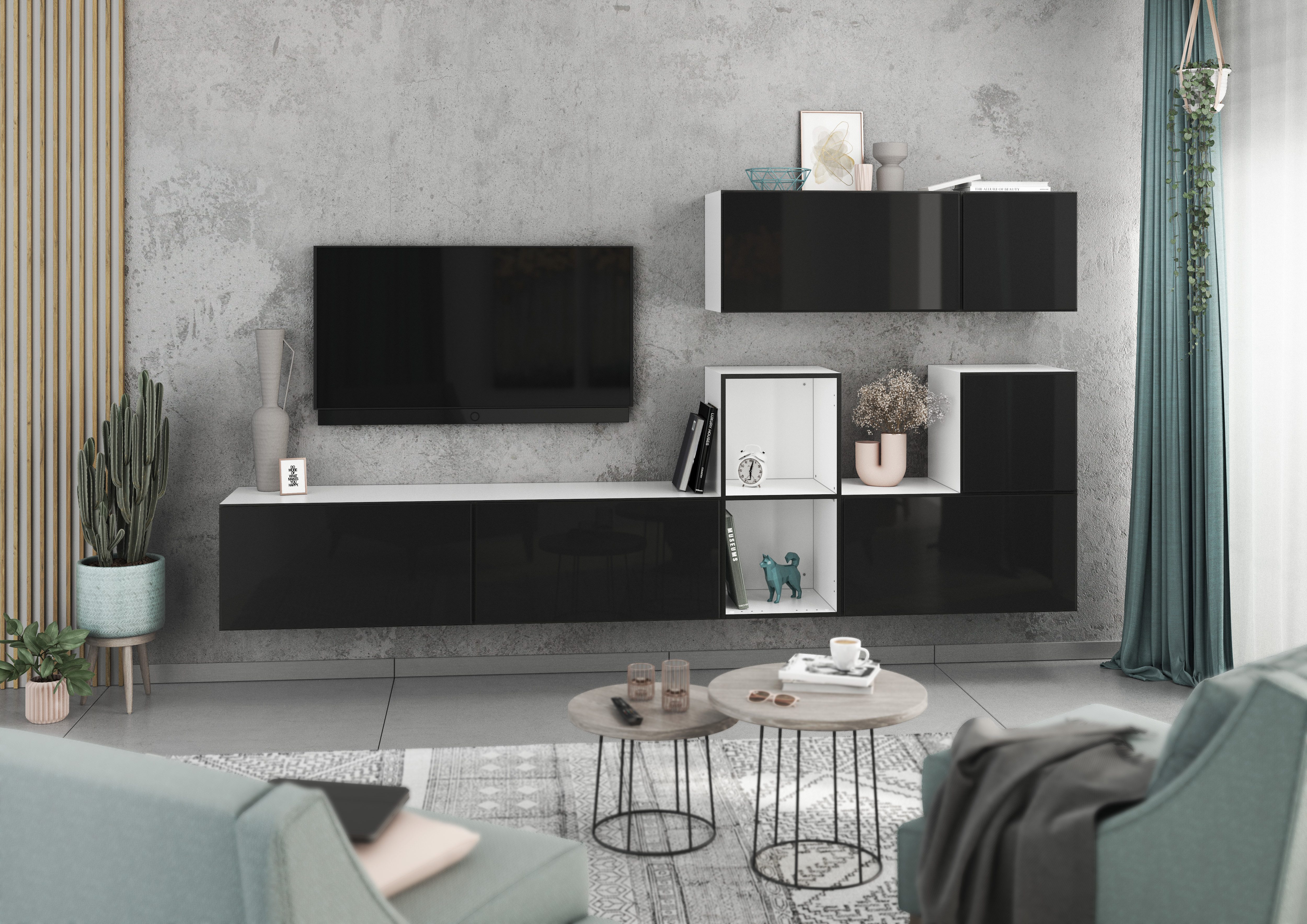 BMG Möbel Wohnwand Modul+, (7- teilig., besteht aus 4xSchrank mit Klappe, 2xSchrank mit Tür, 1xoffenes Regal), MDF Fronten tiefgezogen, Soft-Close-Funktion, Made in Germany