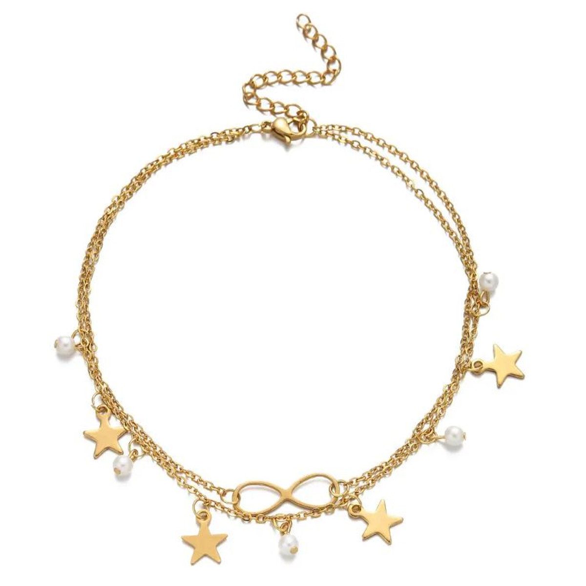 KARMA Fußkette mit Anhänger Fußkettchen silber oder gold mit Sternen und Infinity-Symbol (Fußschmuck), Edelstahl Damenschmuck Ewigkeitssymbol