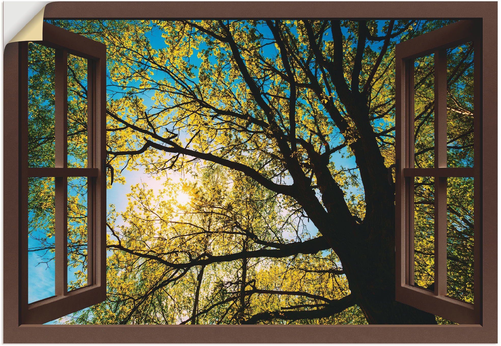 Baumbilder Größen Artland versch. in Leinwandbild, Wandaufkleber als (1 oder Fensterblick Frühlingssonne Baumkrone, Alubild, Wandbild Poster St),
