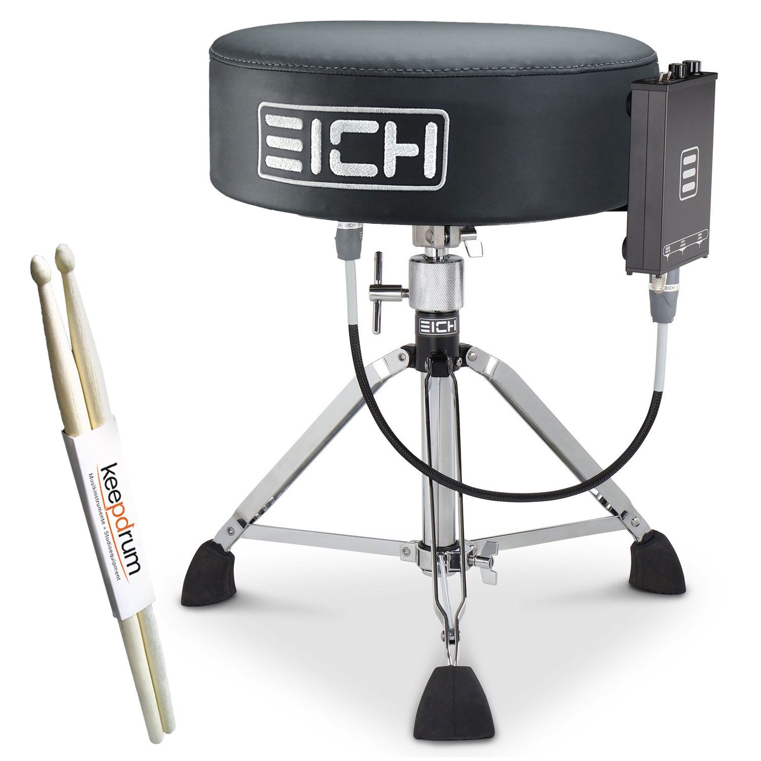 Eich Amplification Schlagzeug Eich DBC400R Subwoofer-Hocker Leder Komplett-Set mit Drumsticks,Set, Hocker mit Bass-Shaker, Macht tiefe Frequenzen spürbar durch Vibration