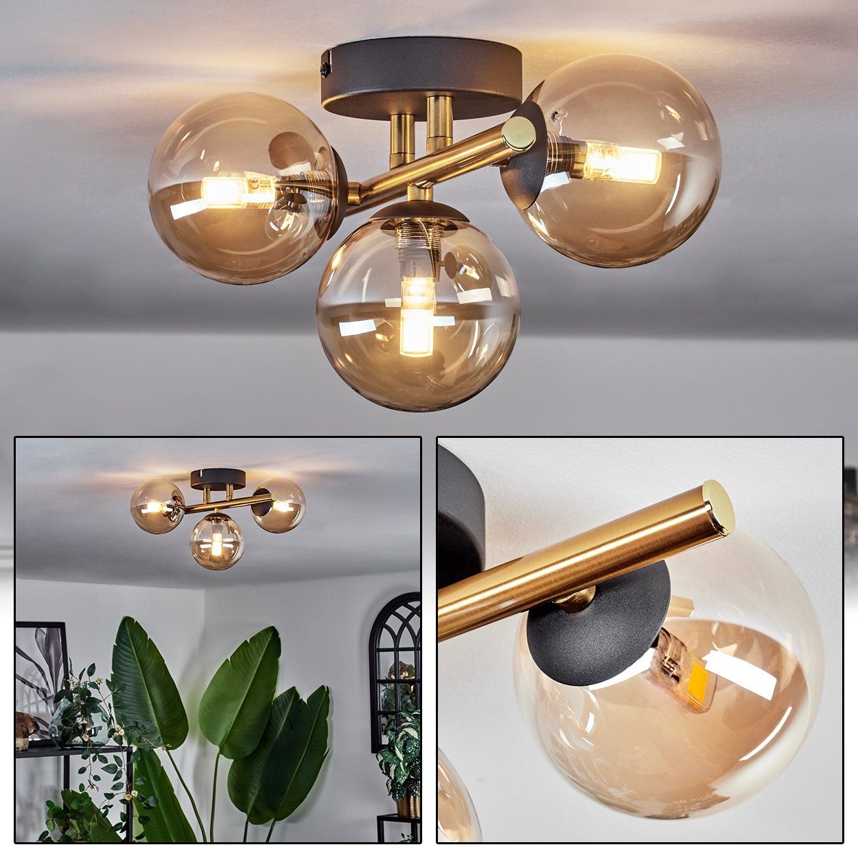 aus im Metall/Glas x Leuchte Retro-Design Glas, Deckenleuchte in ohne Schwarz/Goldfarben/Bernsteinfarben, Leuchtmittel ohne Leuchtmittel, 3 Deckenlampe aus hofstein LED, G9