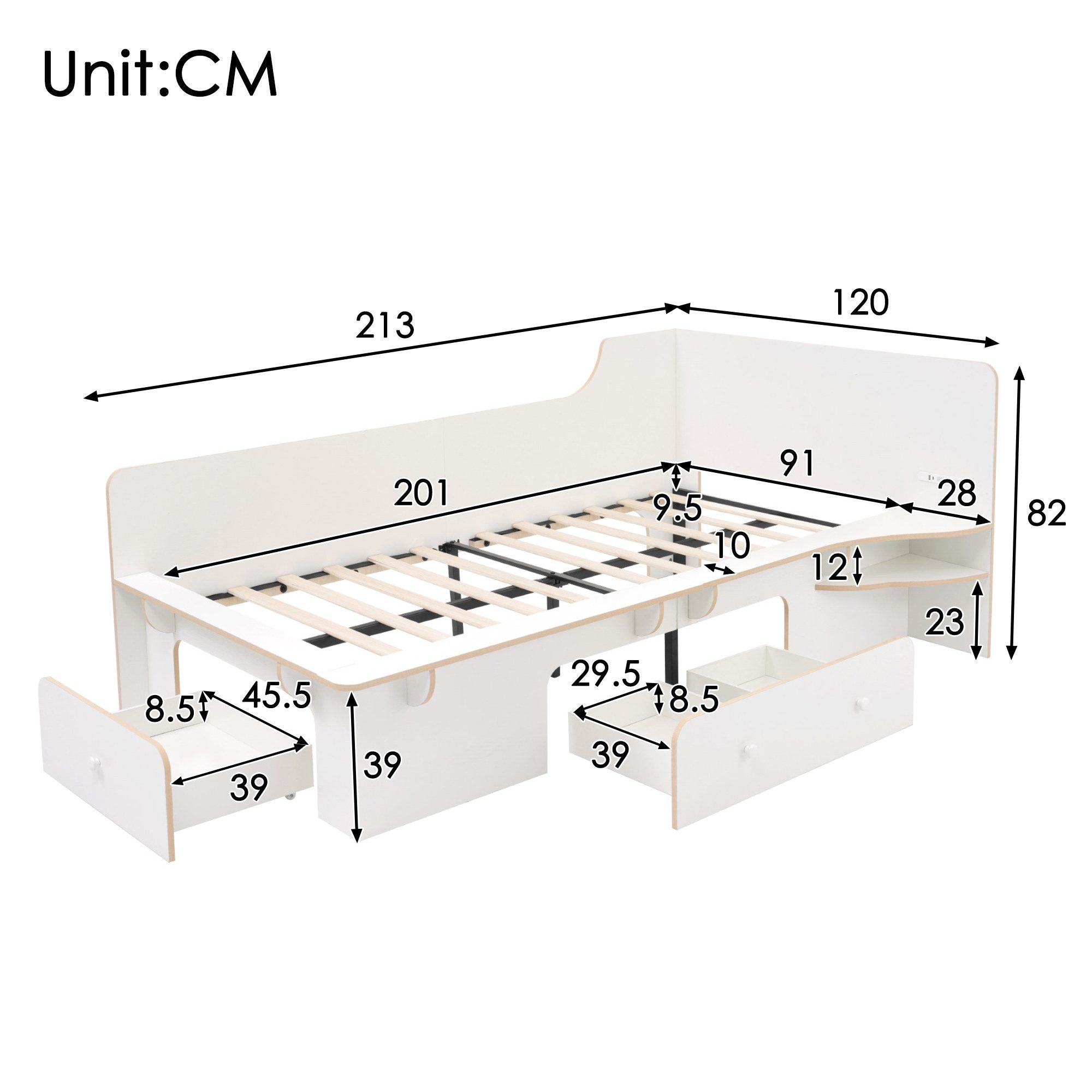 Flieks Kinderbett, Holzbett 90x200cm mit Nachtlicht, Ladefunktion und 3 Sch günstig online kaufen