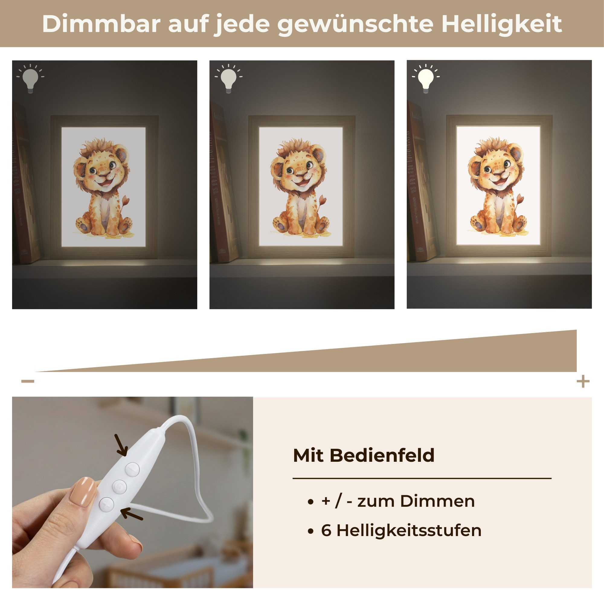 OnlyWow Nachttischlampe Lightbox Löwe - Tierbaby - Jungen, Dimmbar, Farbwechsel, LED, Warmweiß, Kaltweiß, Neutralweiß Einstellbar, Kinderzimmer, Babyzimmer, Dim – Bild 5 von 5