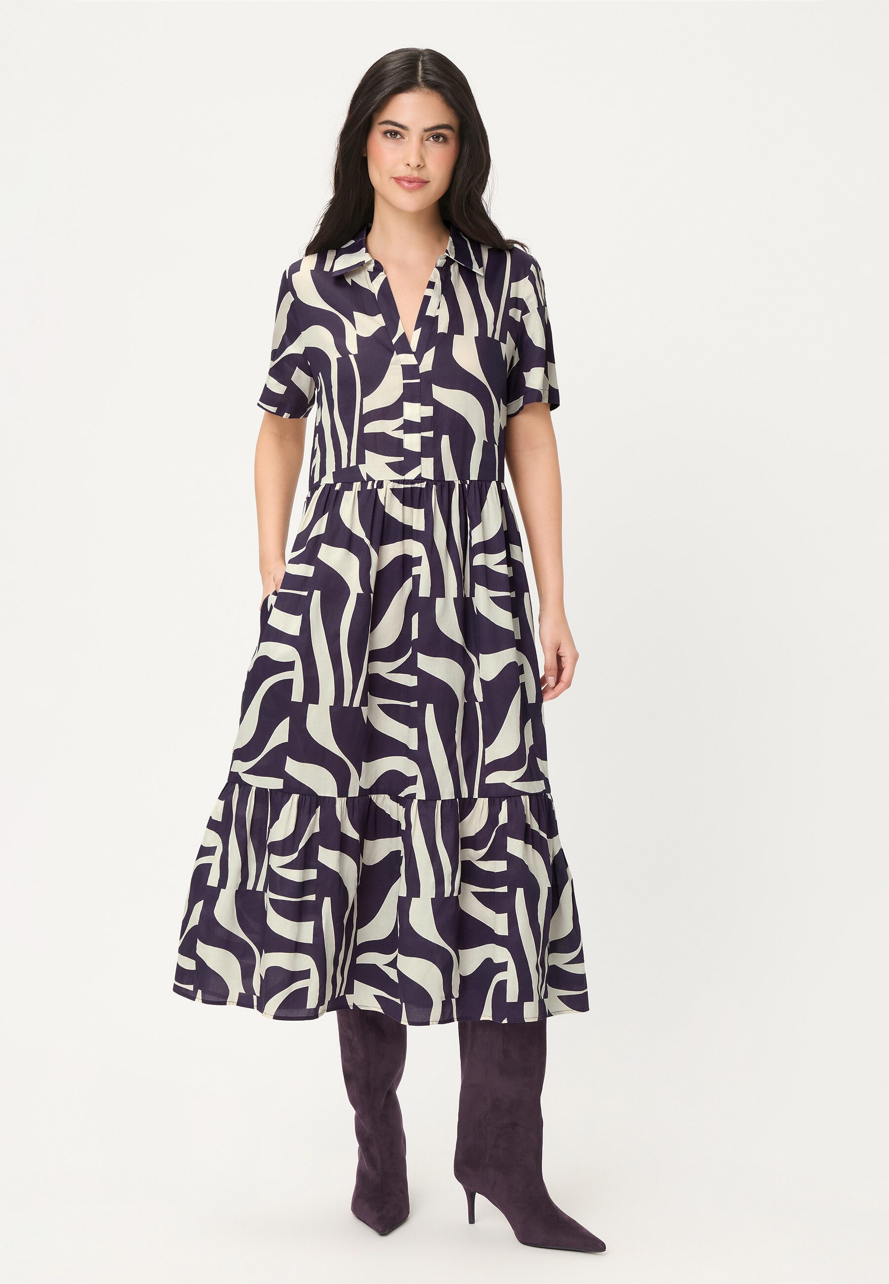 Olsen Midikleid Kleid mit Hemdblusenkragen und Allover-Dessin