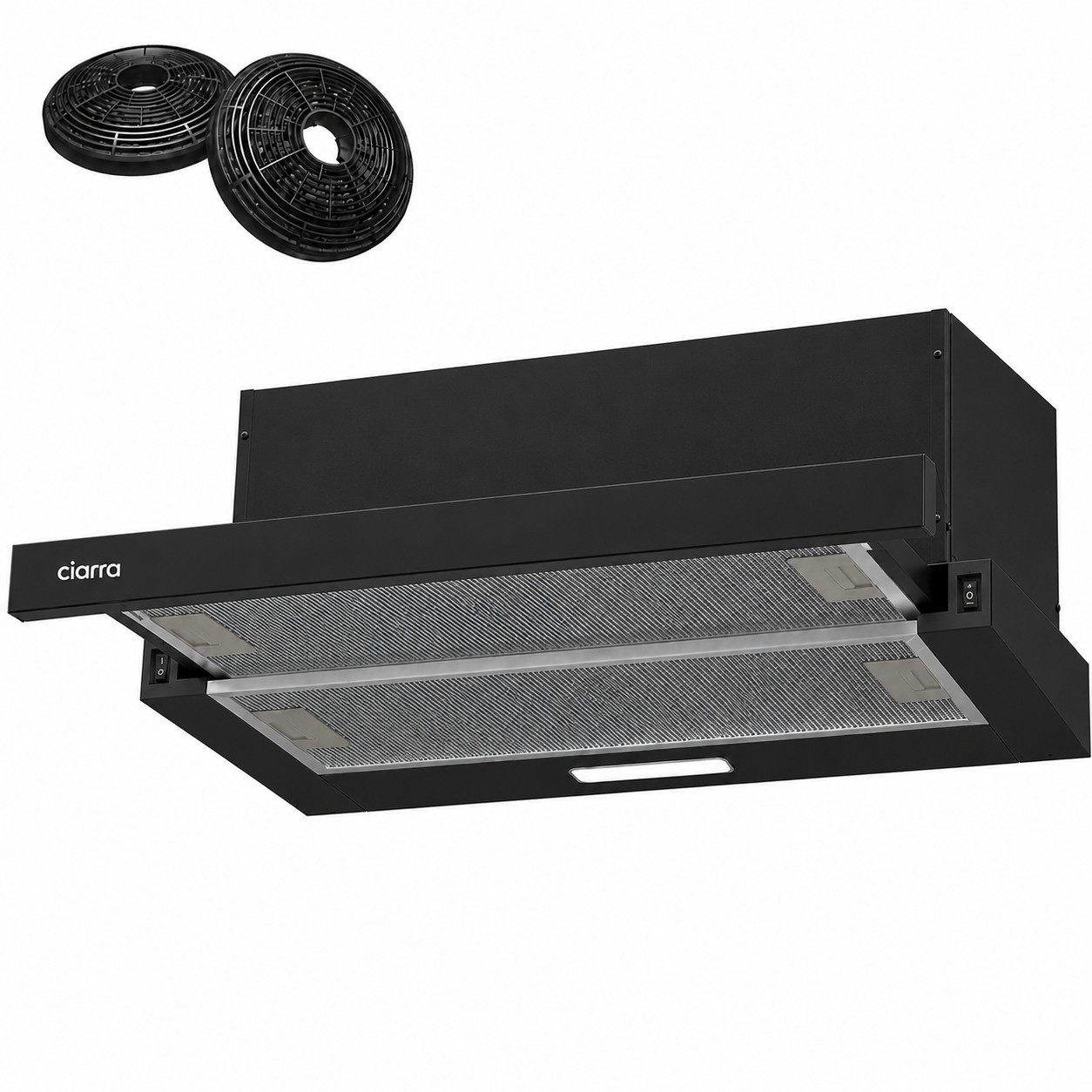 CIARRA Flachschirmhaube 60 cm ausziehbare Dunstabzugshaube Abluft & Umluft 2 Stufen VM6906DB 391 m³/h Teleskophaube 2 Aktivkohlefilter & Fettilter, Wippschalter