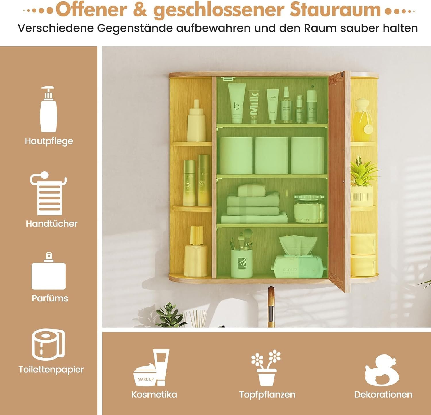 KOMFOTTEU Spiegelschrank Badschrank Hängeschrank Wandschrank mit Ablagen, 66 x 17 x 63 cm – Bild 5 von 5