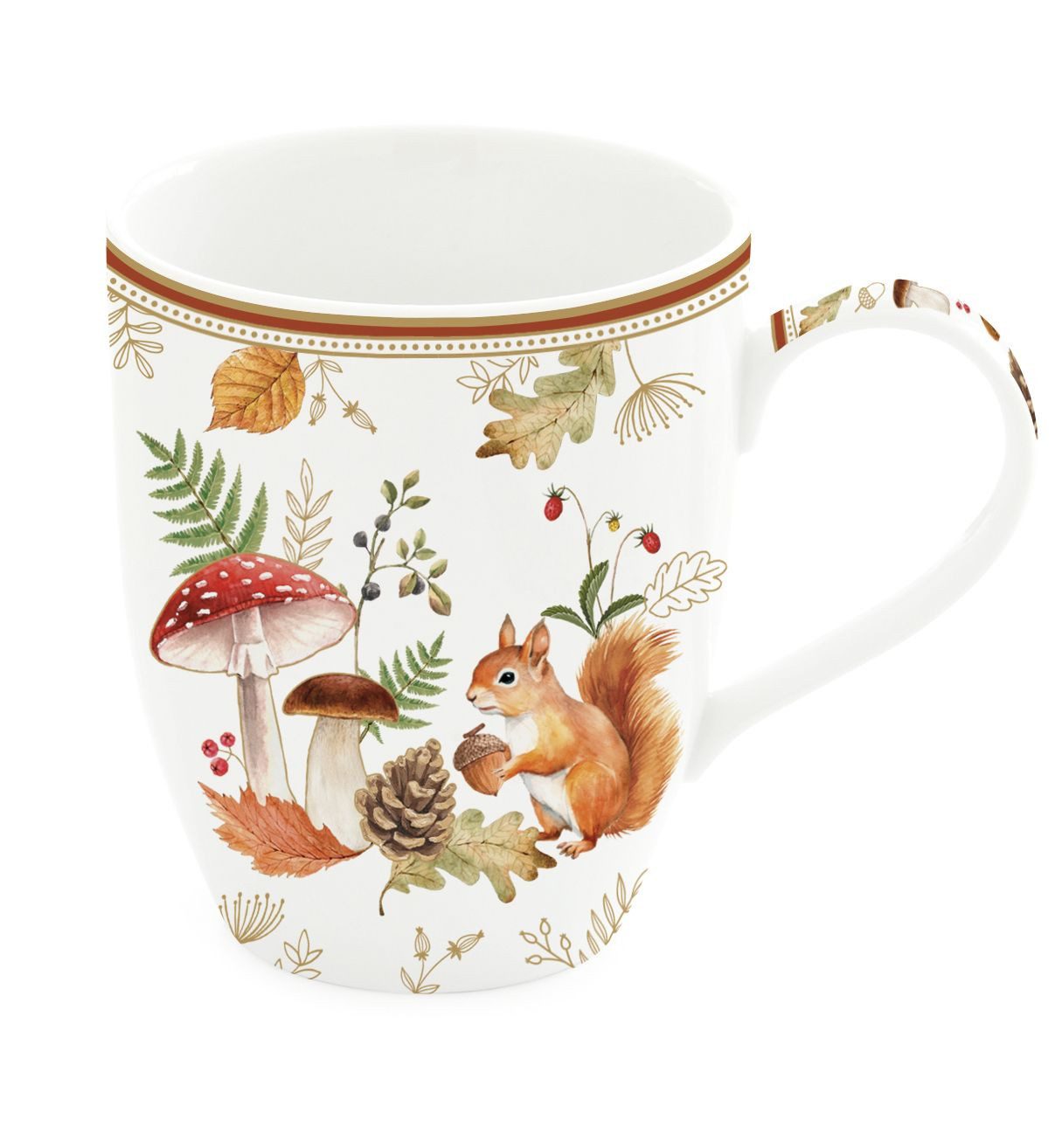 EasyLife Tasse Autumn Breeze, Porzellan, Spülmaschinengeeignet, Weiß, Herbst, Blätter, Eichhörnchen, H: 9cm