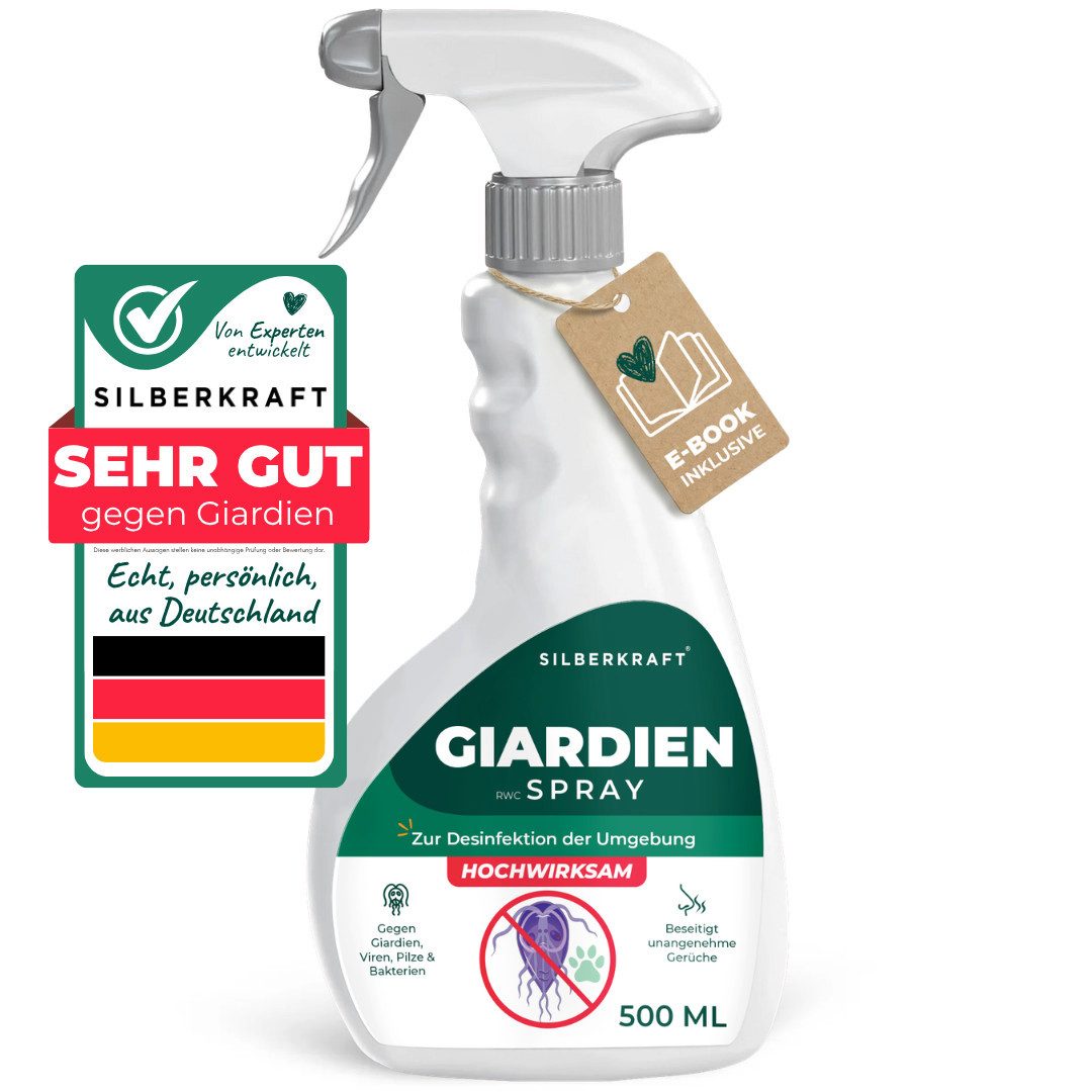 Silberkraft Giardienspray – Gegen Giardien, Viren, Bakterien & Pilze inkl. E-Book Oberflächen-Desinfektionsmittel (tiergeeignet, geruchsneutral, für Oberflächen & Textilien, Alkoholfrei, [1-St. Spray gegen Giardien & Keime Hygienereiniger für Hund & Katze Giardien Spray Vielseitiger Schutz gegen Keime + kostenloses E-Book)