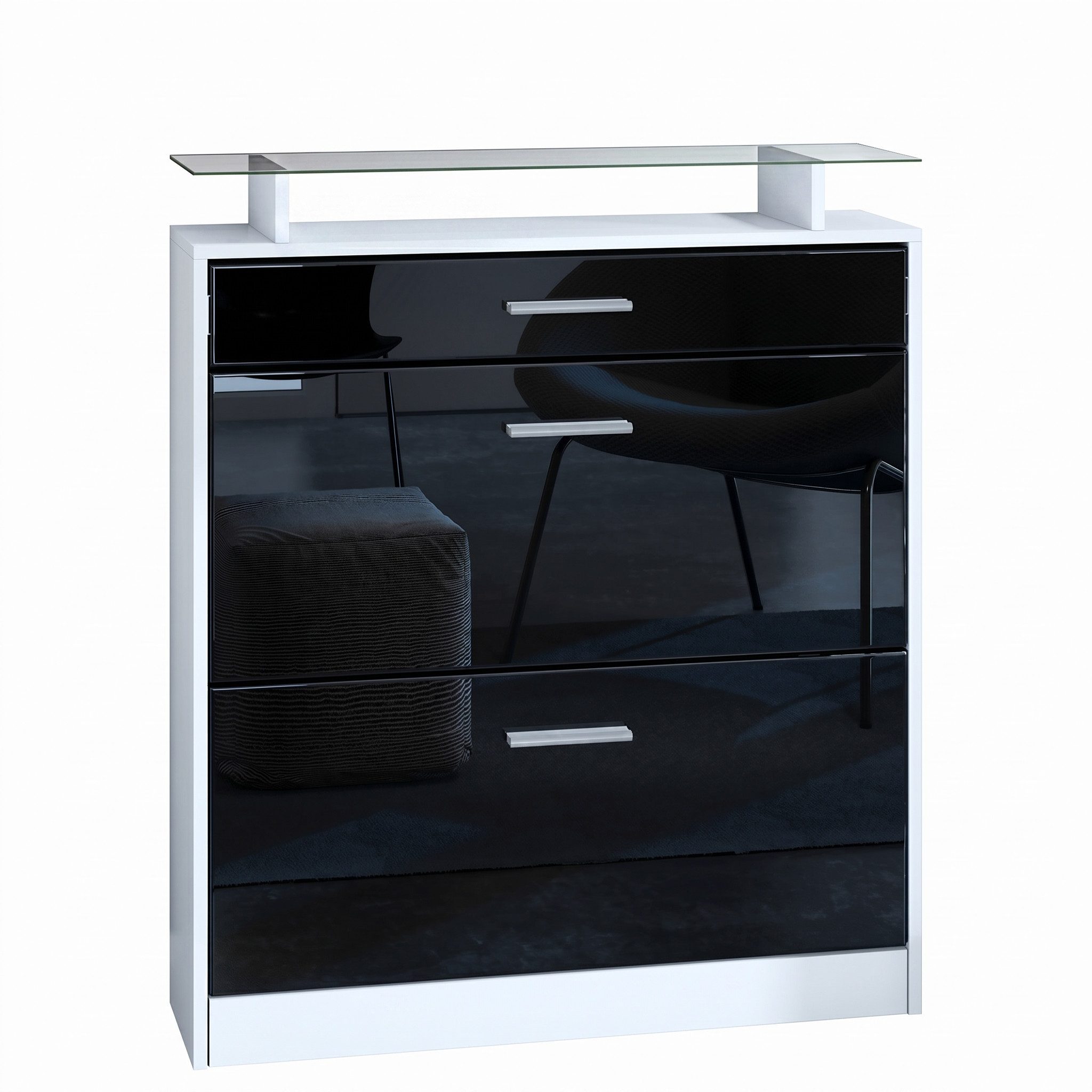 Vladon Schuhschrank Loret (hängender Schuhkipper für 16 Paar Schuhe, mit 2 Klappen und 1 Schublade und Glasablage) Weiß matt/Schwarz Hochglanz (89 x 104 x 23 cm)