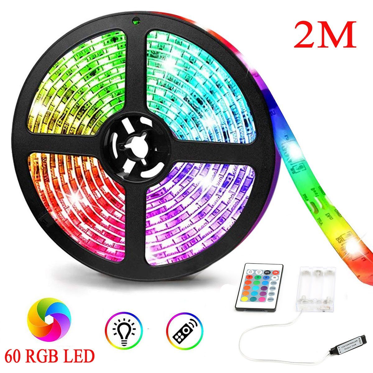 oyajia LED-Streifen 5m/2m LED-Lichterketten, 5050 RGB LED Streifen mit IR Fernbedienung, LED-Streifen mit 16 Millionen Farben 2m - 60 LEDs Strip