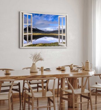 Sinus Art Leinwandbild Wandbild 120x80cm Fensterbild Berge Natur See Schneegipfel Gebirge Ber, (1 St)