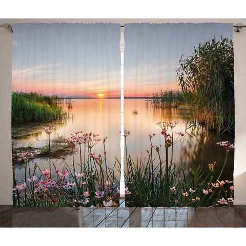 Gardine Schlafzimmer Kräuselband Vorhang mit Schlaufen und Haken, Abakuhaus, Natur Sonnenuntergang am See Chudskoy