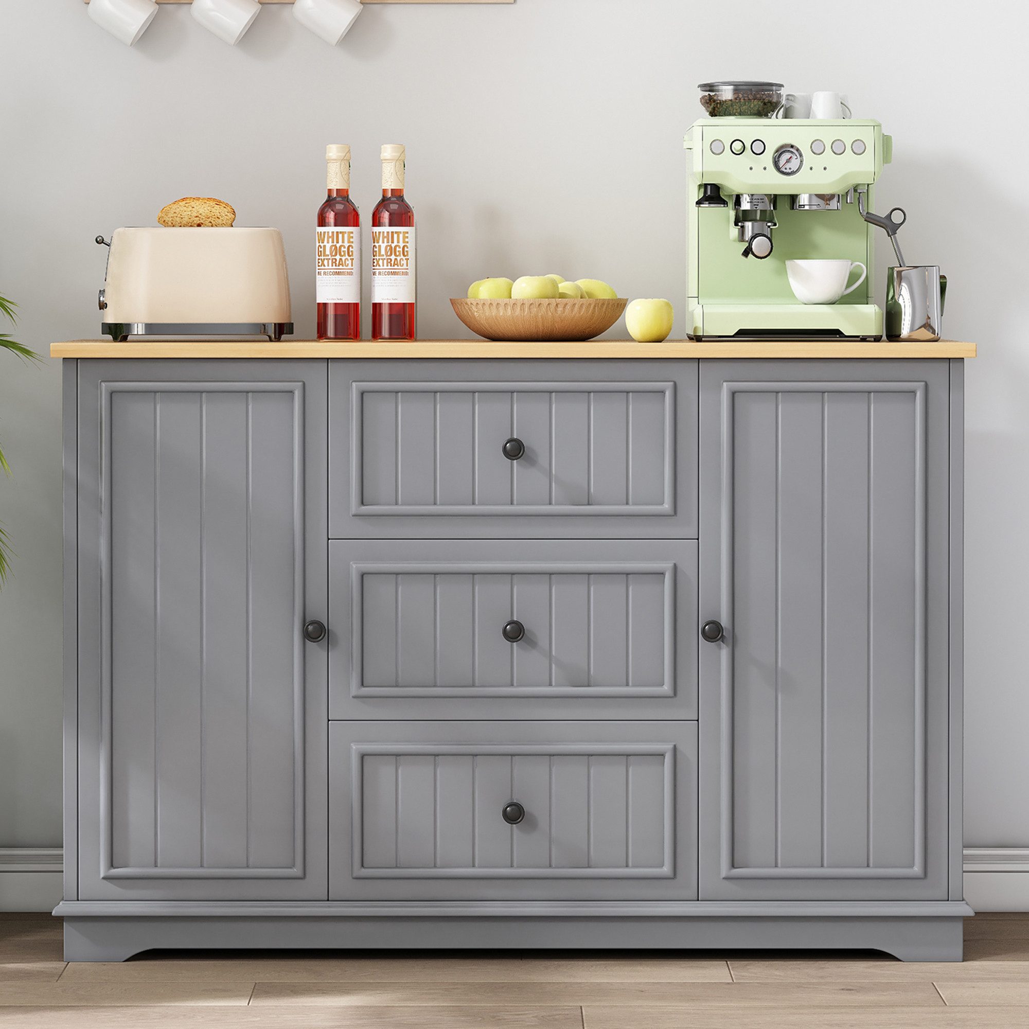 Celya Sideboard mit 3 Schubladen und kühlschrankähnlichen Türen (126 × 40 × 86 cm, Verstellbare Trennwand), für Esszimmer, Wohnzimmer und Diele