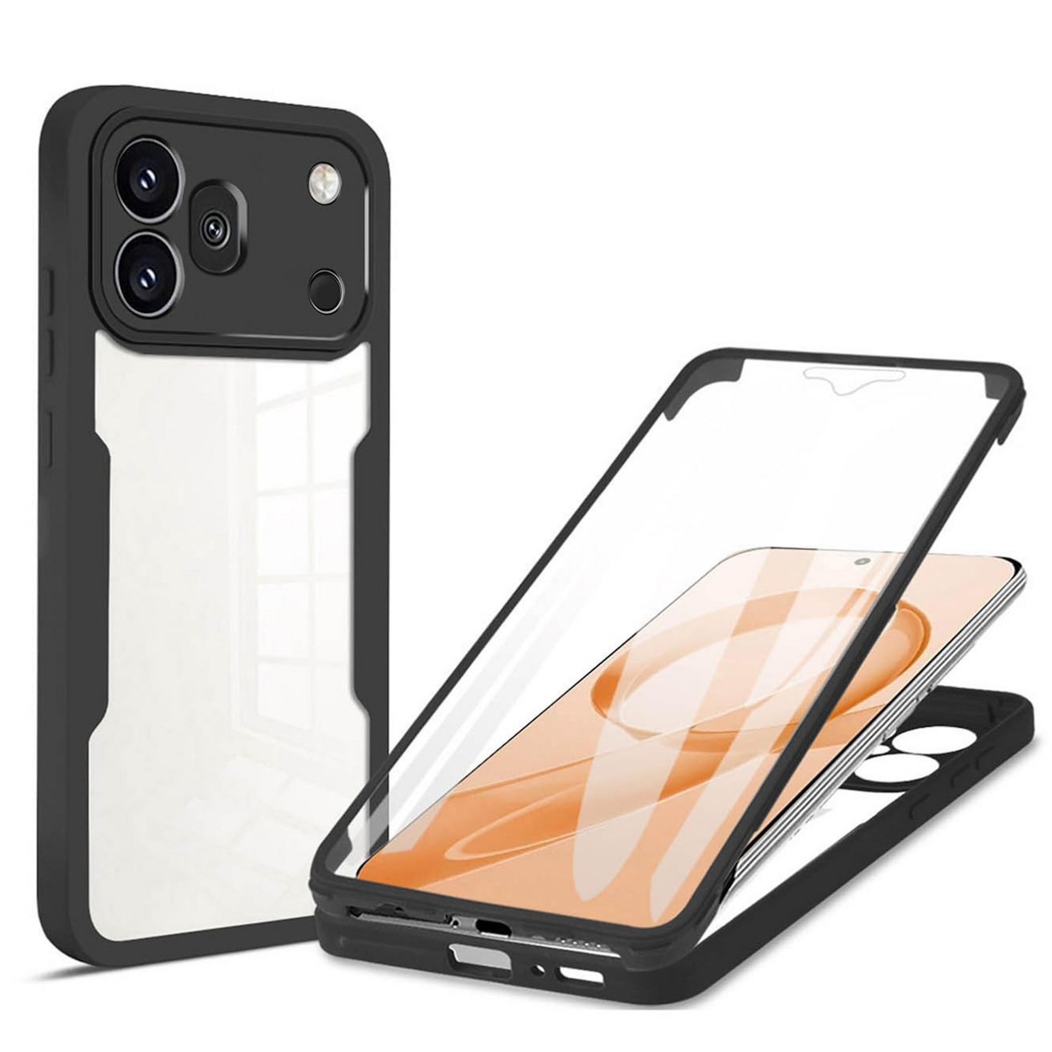 Wigento Handyhülle 360 Grad Kunststoff Honor 600 Pro mit Display & Kameraschutz Schwarz, 360 Grad Schutz, stoßdämpfend, robust
