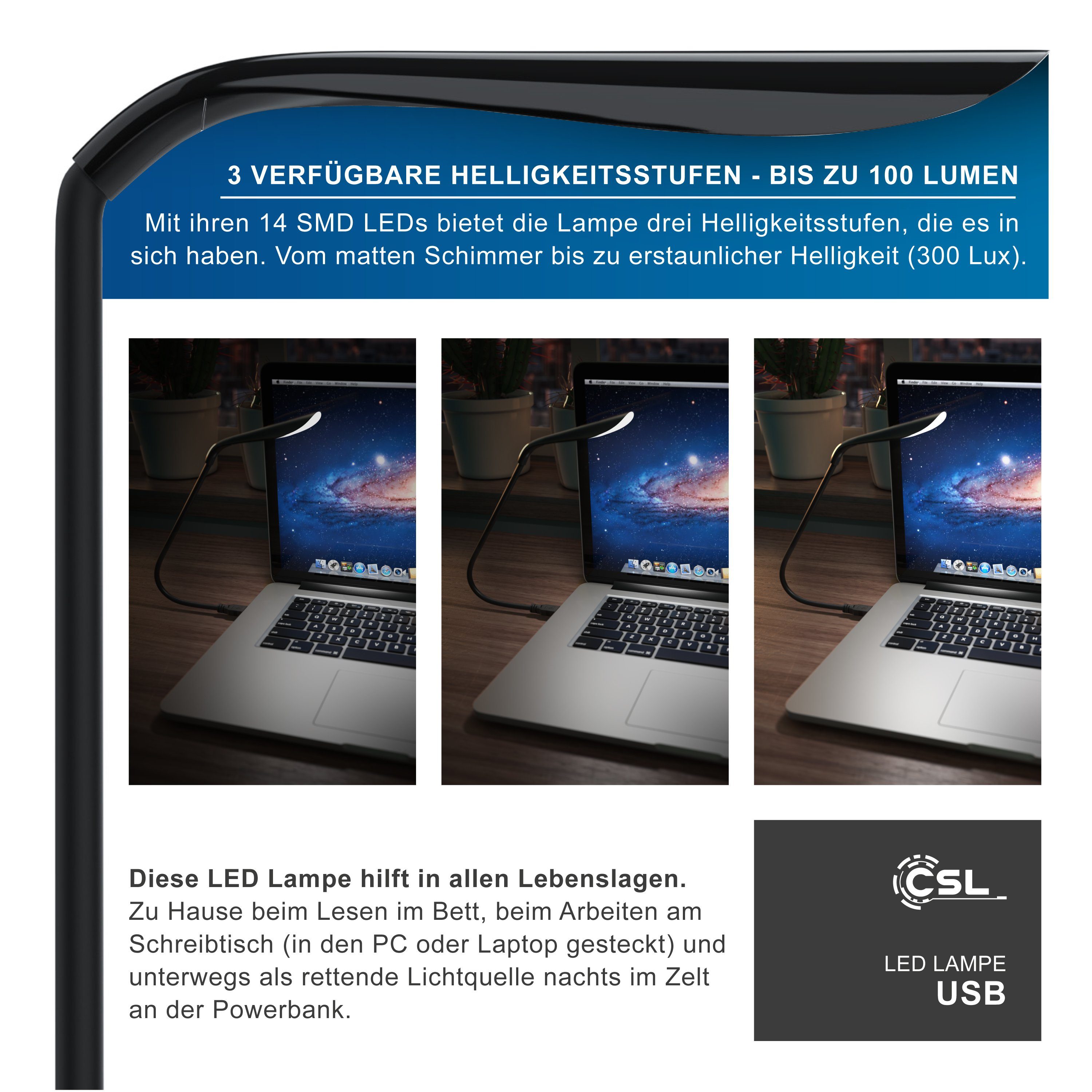 CSL LED Lampe schwarz Leselampe, Helligkeitsstufen; LED Leselampe flexibel Touch-Bedienung, Anschluss Schwanenhals fest SMD-LED mit mit integriert, USB 3