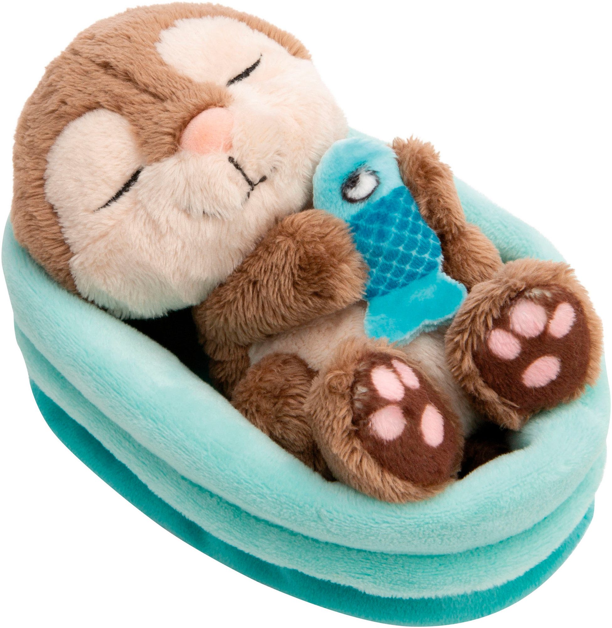 Nici Kuscheltier Sleeping Pets GREEN, Otter mit Fisch 12 cm schlafend im Körbchen blau