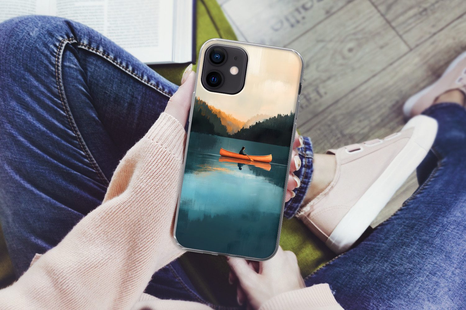 MuchoWow Handyhülle für Apple iPhone 12 Wälder - See - Kanu - Orange, Smartphone-Bumper, Print, Handy Schutzhülle Dünn