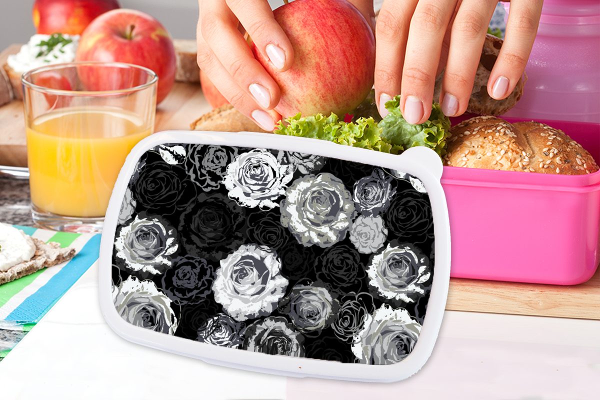 MuchoWow Lunchbox Rosen - und Muster, Kinder, Brotdose Mädchen, Snackbox, Weiß Erwachsene, für rosa Brotbox Kunststoff Kunststoff, - Schwarz (2-tlg)