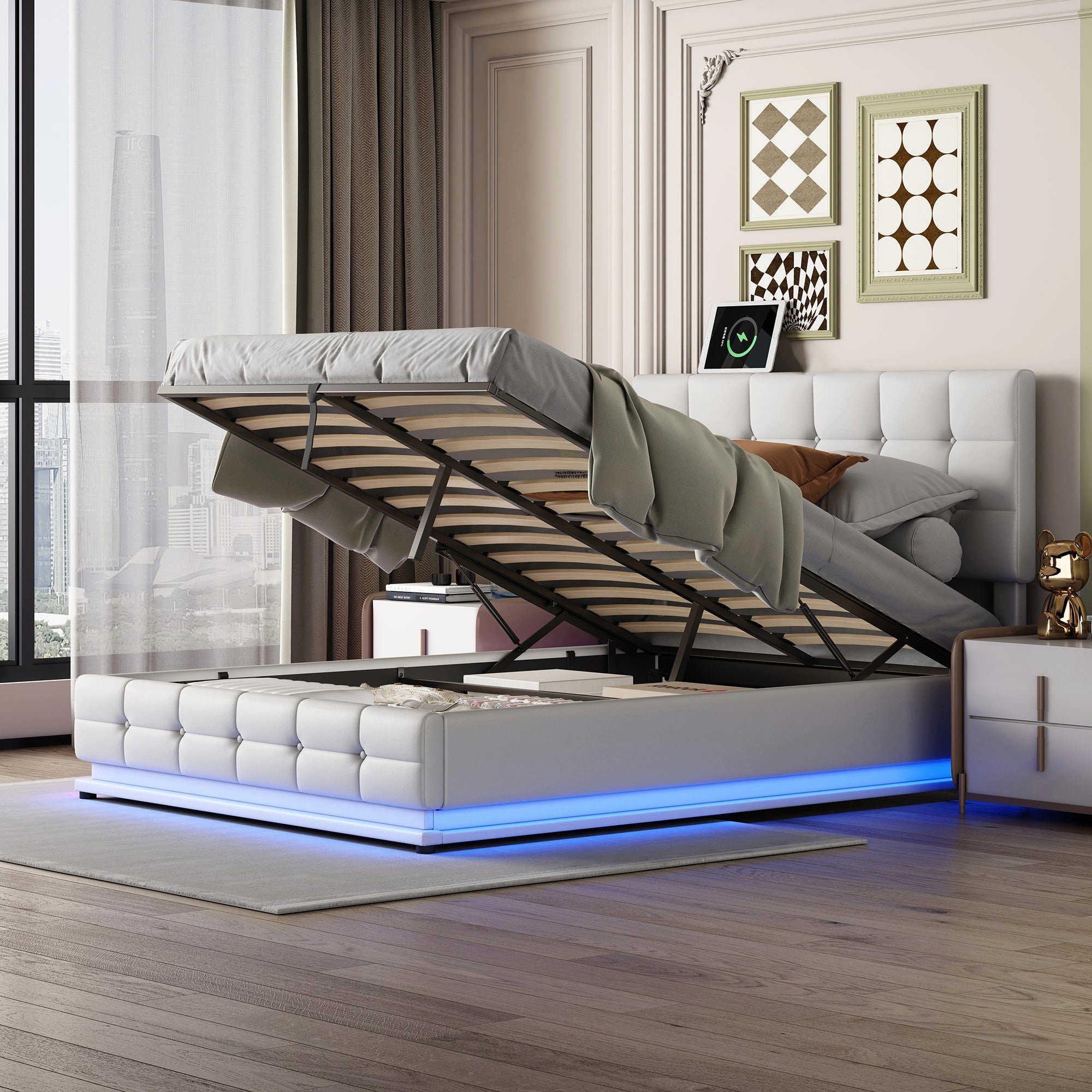 BUMHUM Bett Polsterbett 140x200 cm mit LED Beleuchtung & (Bettkasten &  Lattenrost Bezug aus Kunstleder Doppelbett), Erwachsenen Jugendbett Weiß