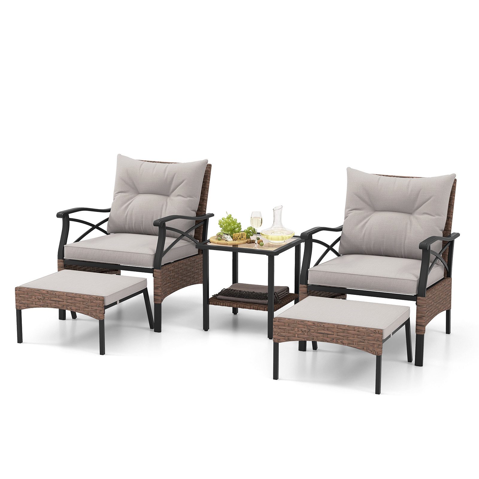 COSTWAY Gartenlounge-Set, (5-tlg), Balkonset mit Beistelltisch, Ottomanen, Kissen