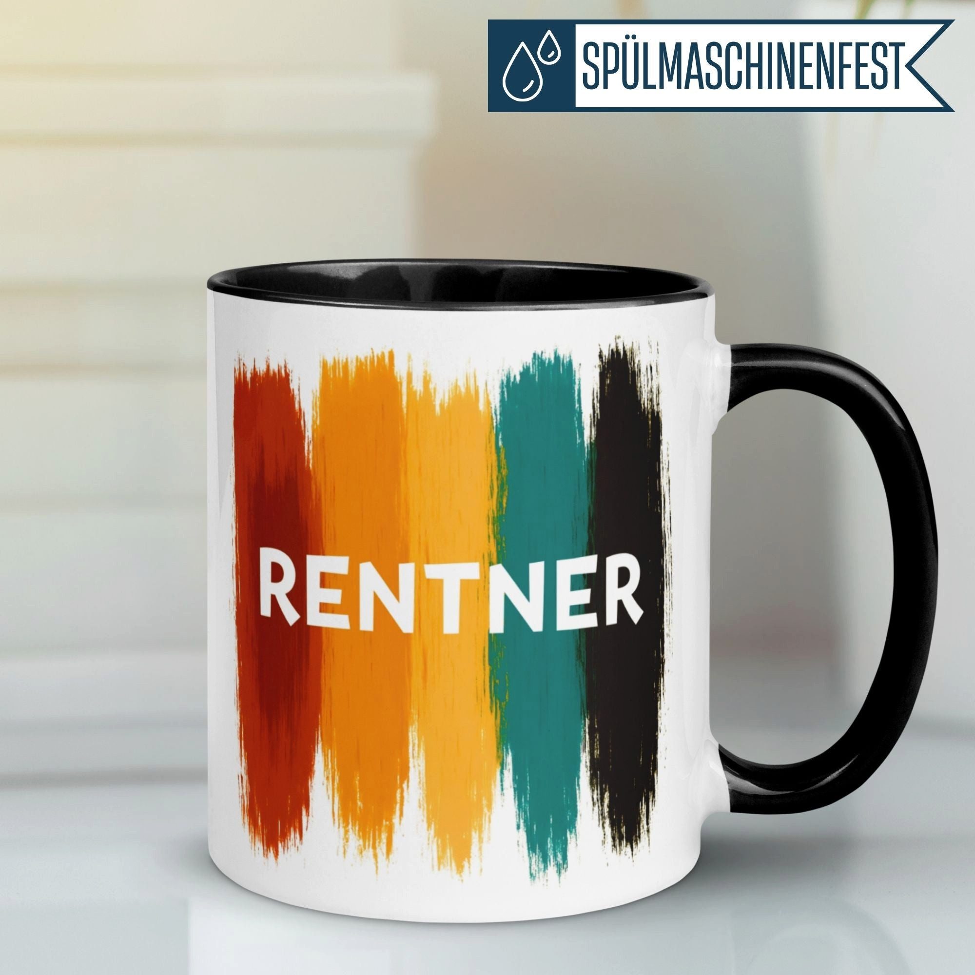 Momentals Tasse Rentner – Farbenfroher Rentner Schriftzug – Geschenk Rentenbeginn Mann, Gratis Versand · Links-&Rechtshänder · Spülmaschinenfest