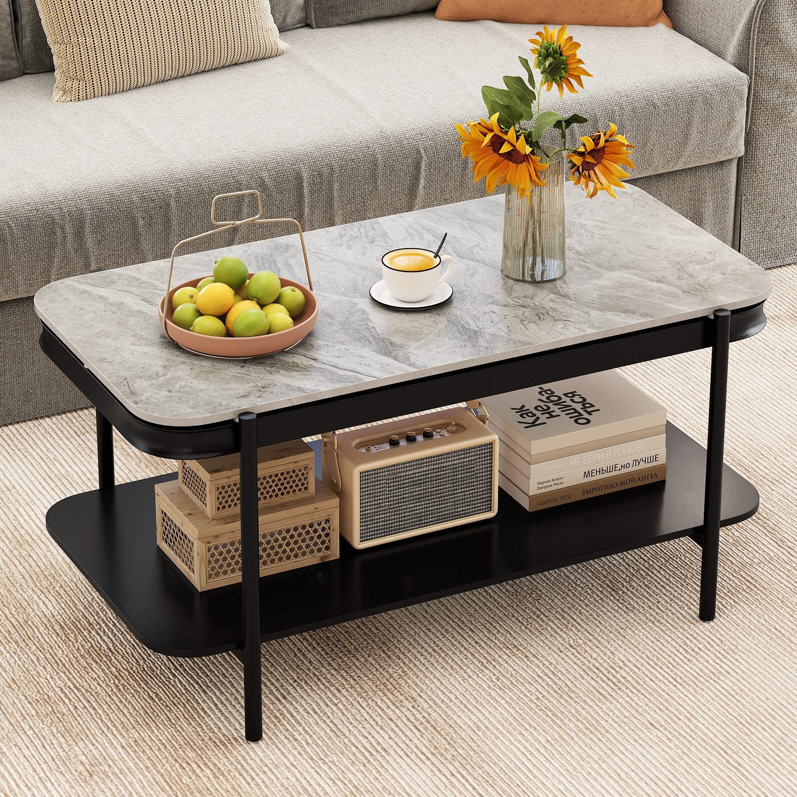 COSTWAY Couchtisch, rechteckig mit Stauraum, Marmor Wohnzimmertisch grau