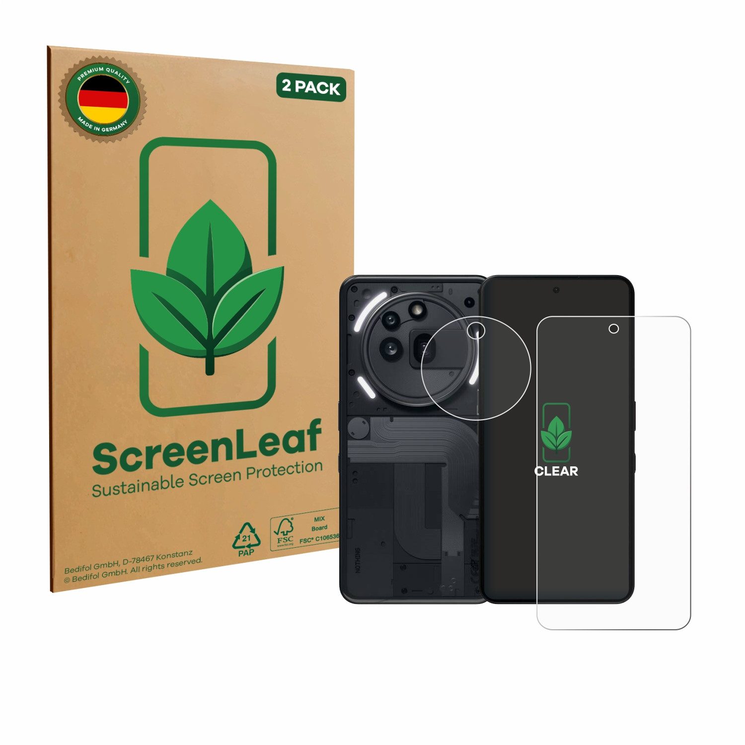 ScreenLeaf Displayschutzfolie Schutzfolie für Nothing Phone (3a) Pro (Display+Kamera), 2 Stück, nachhaltiger Displayschutz Schutz Folie Klar Transparent
