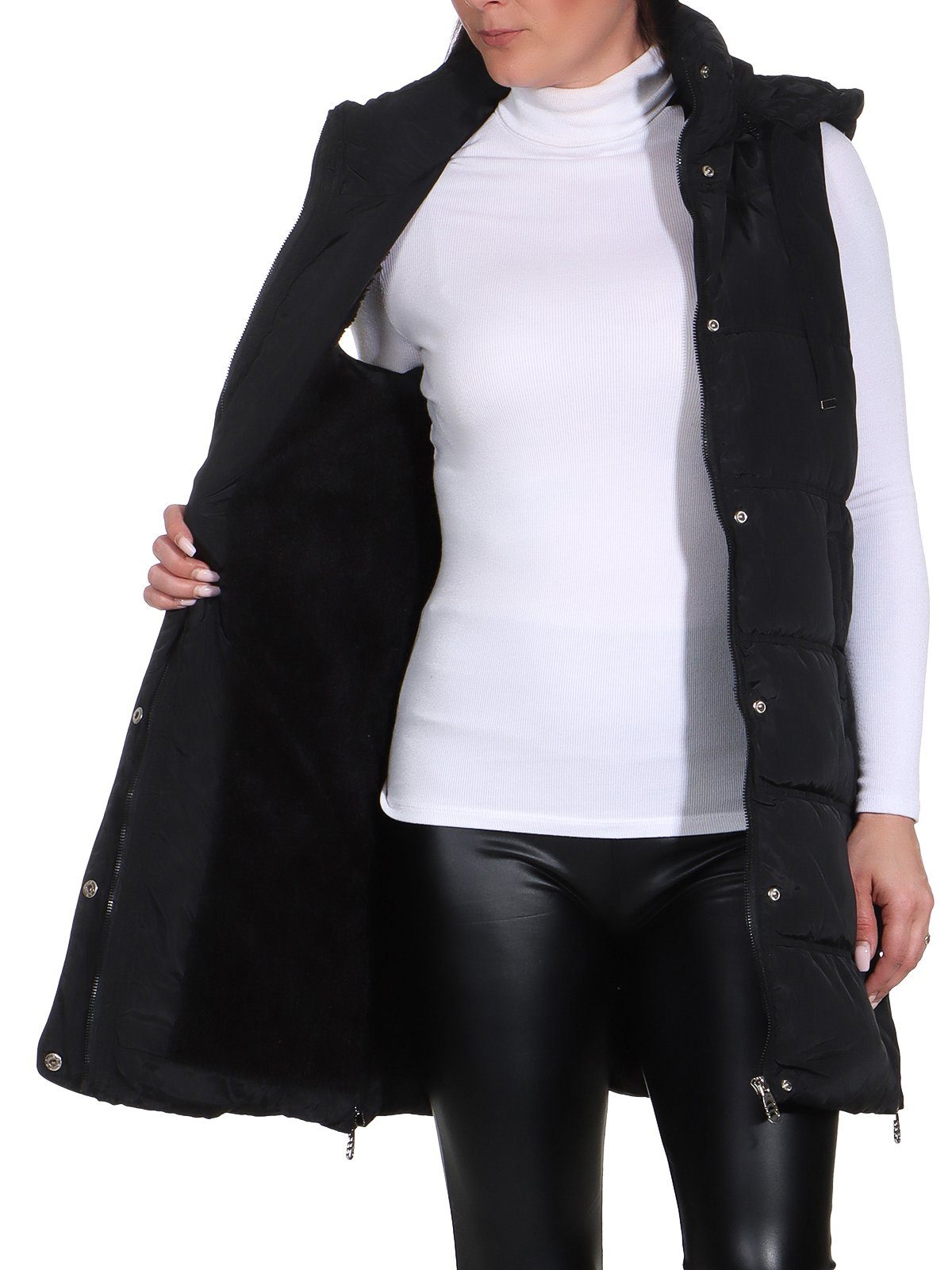Aurela Damenmode Longweste Lange Steppweste gefütterte Damenweste mit Teddyfell & Kapuze auch in großen Größen erhältlich