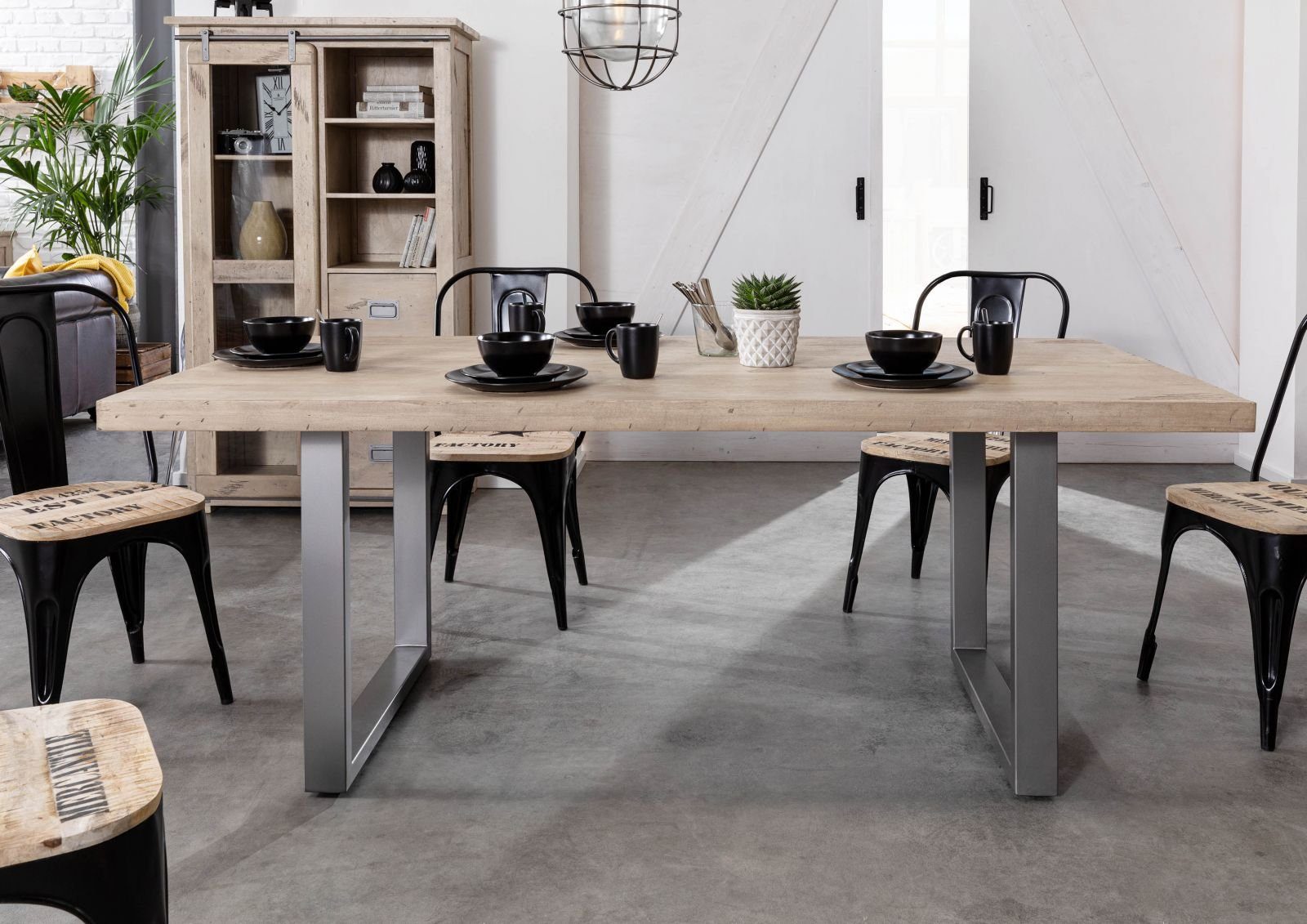 Massivmoebel24 Esstisch RAILWAY (Massivholz, Massivholztisch), Esstisch Mango 160x90 whitewash lackiert RAILWAY #308