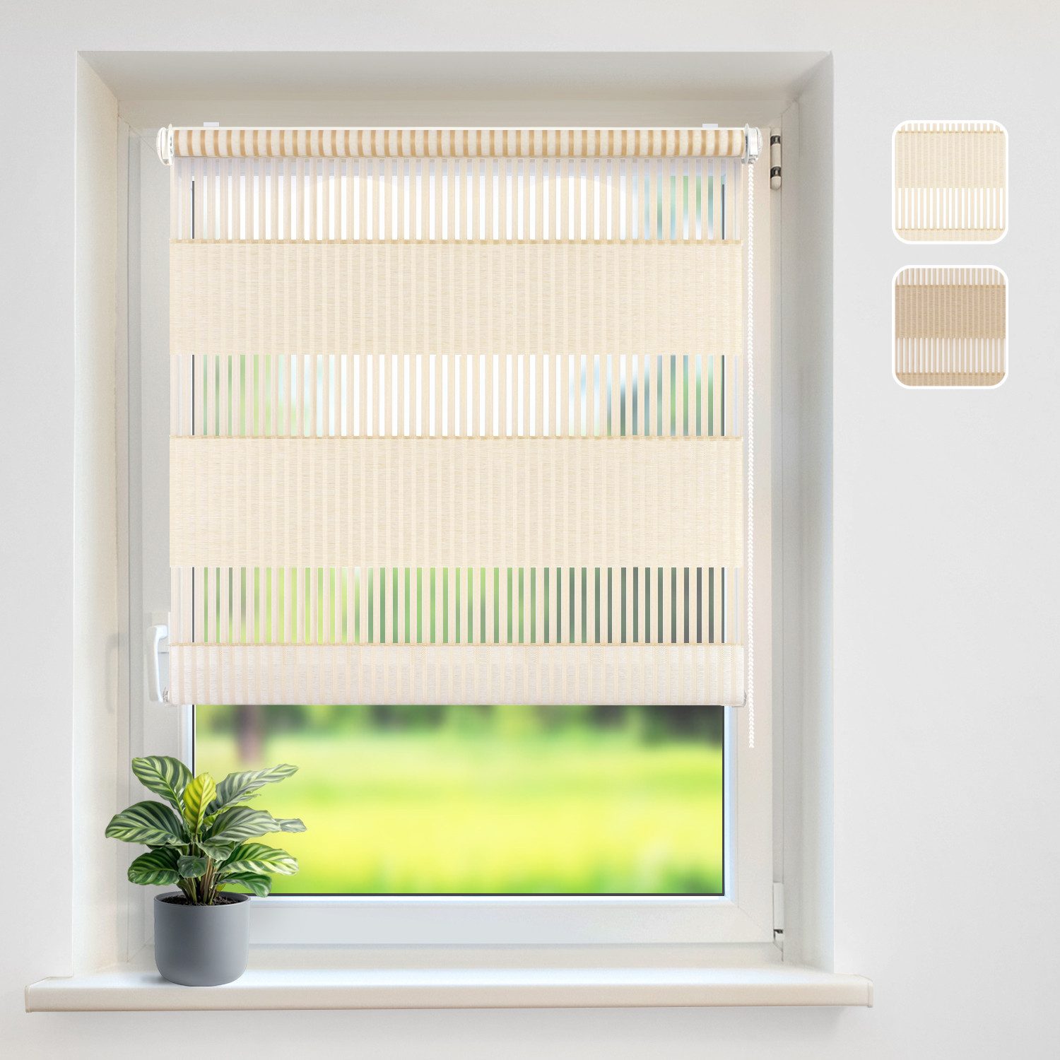 Doppelrollo Klemmfix "Bambus", 75x150 cm, Creme Montage ohne Bohren, DomDeco, Klemm- oder Schraubmontage, Klemmbar, Kettenzug, ohne Bohren, Sicht- und Blendschutz