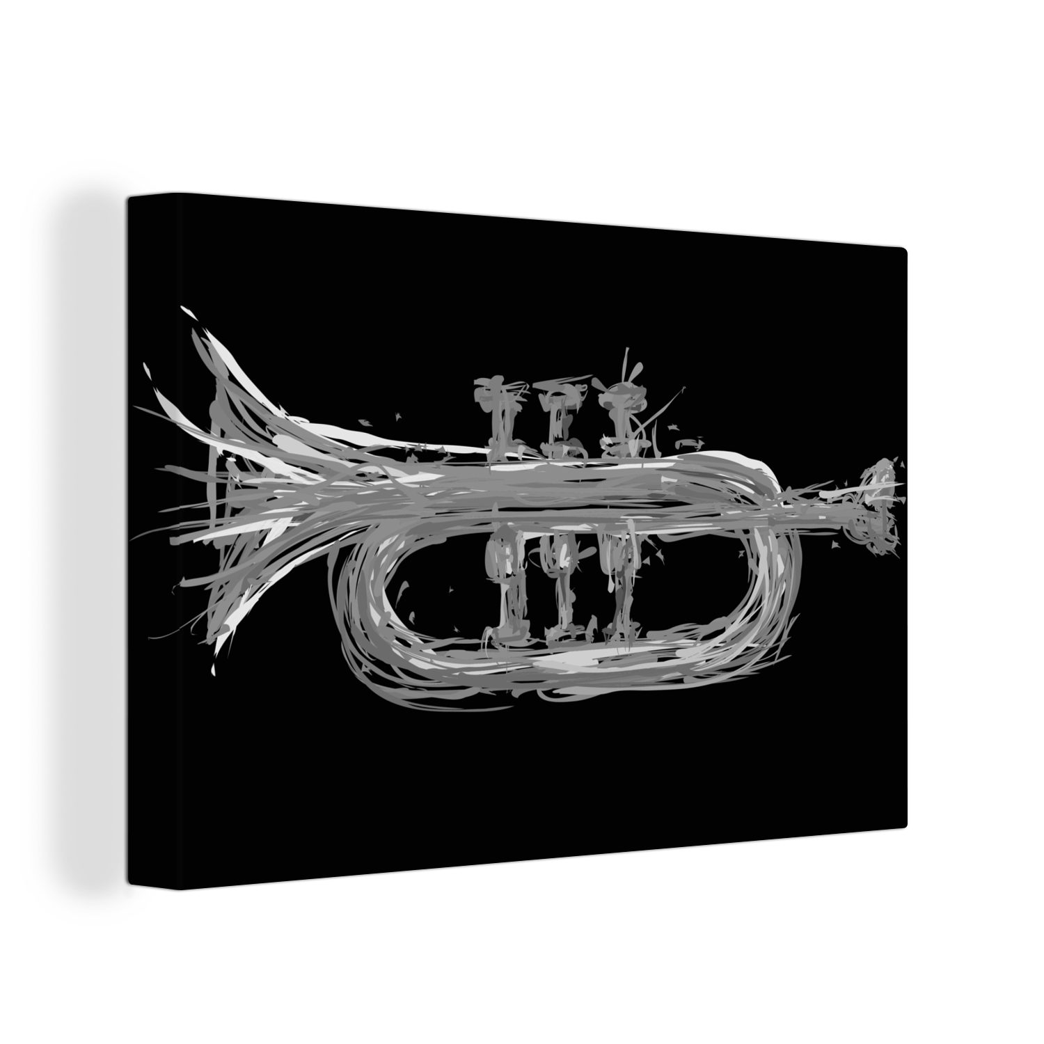 OneMillionCanvasses® Leinwandbild und 30x20 Trompete Illustration Wandbild St), - einer (1 Wanddeko, cm weiß, Aufhängefertig, schwarz Leinwandbilder