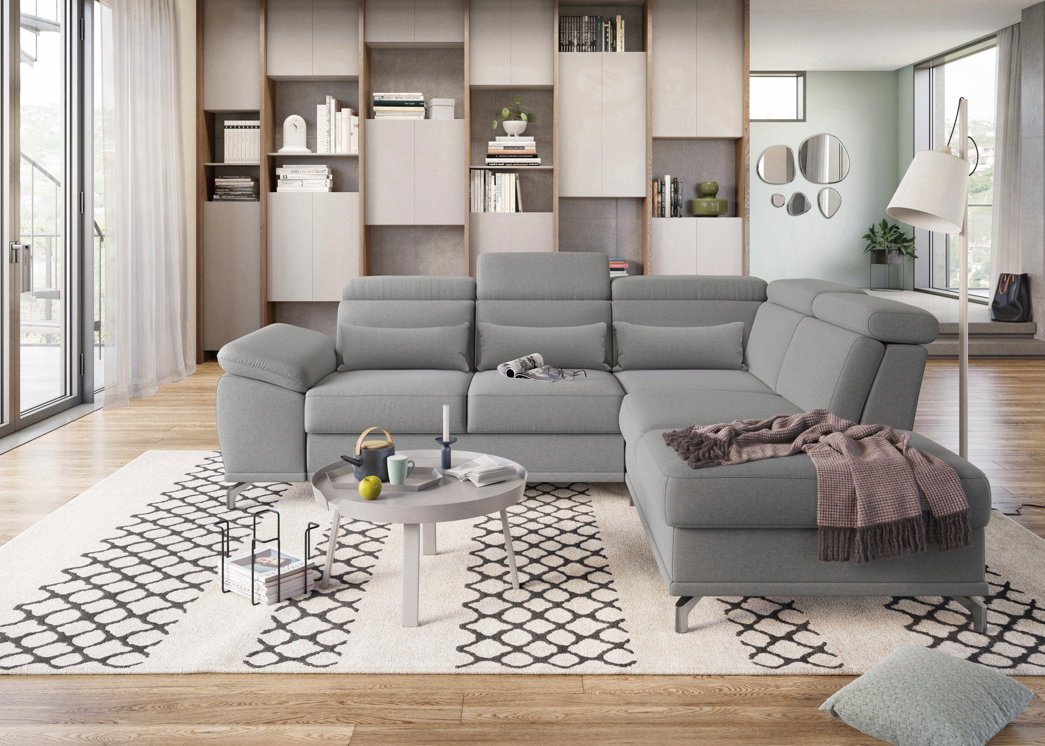 sit&more Ecksofa Cabrio L-Form, B: 274 cm, mit Sitztiefen-, Arm- & Kopfteilverstellung, 3 Nierenkissen, Federkern, optional Schlaffunktion und Stauraum