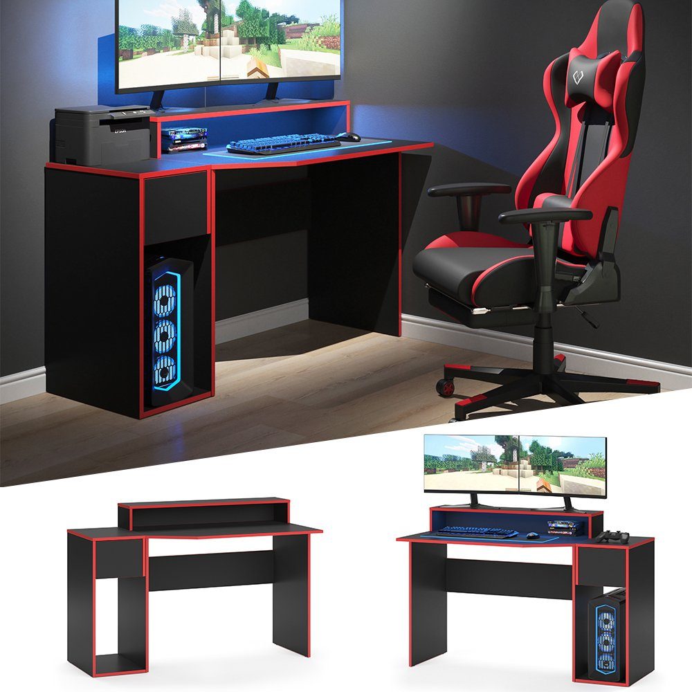 Set Schreibtisch Gamingtisch Set Desk- Kron Rot Gamertisch Schwarz 2 Gaming Vicco