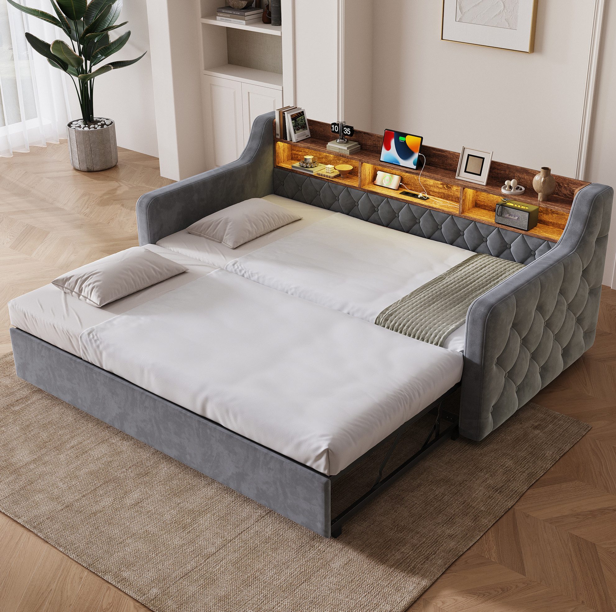 MODFU Schlafsofa Funktionsbett mit Armlehnen und Ausziehfunktion, Tagesbett, 90x190/180x190 cm kombiniert mit LED-Beleuchtung, Ladeanschlüssen und geräumigem Kopfteil mit Stauraum 1 Teile, ohne Matratze