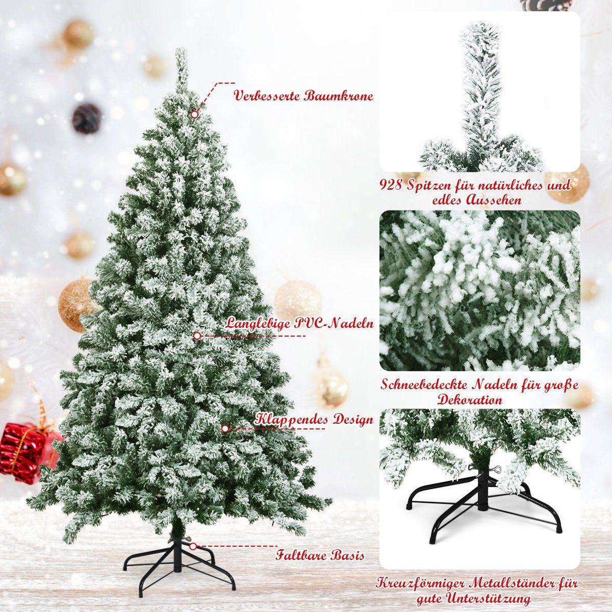 COSTWAY Künstlicher Weihnachtsbaum, 180cm, mit 928 PVC Schnee Nadeln