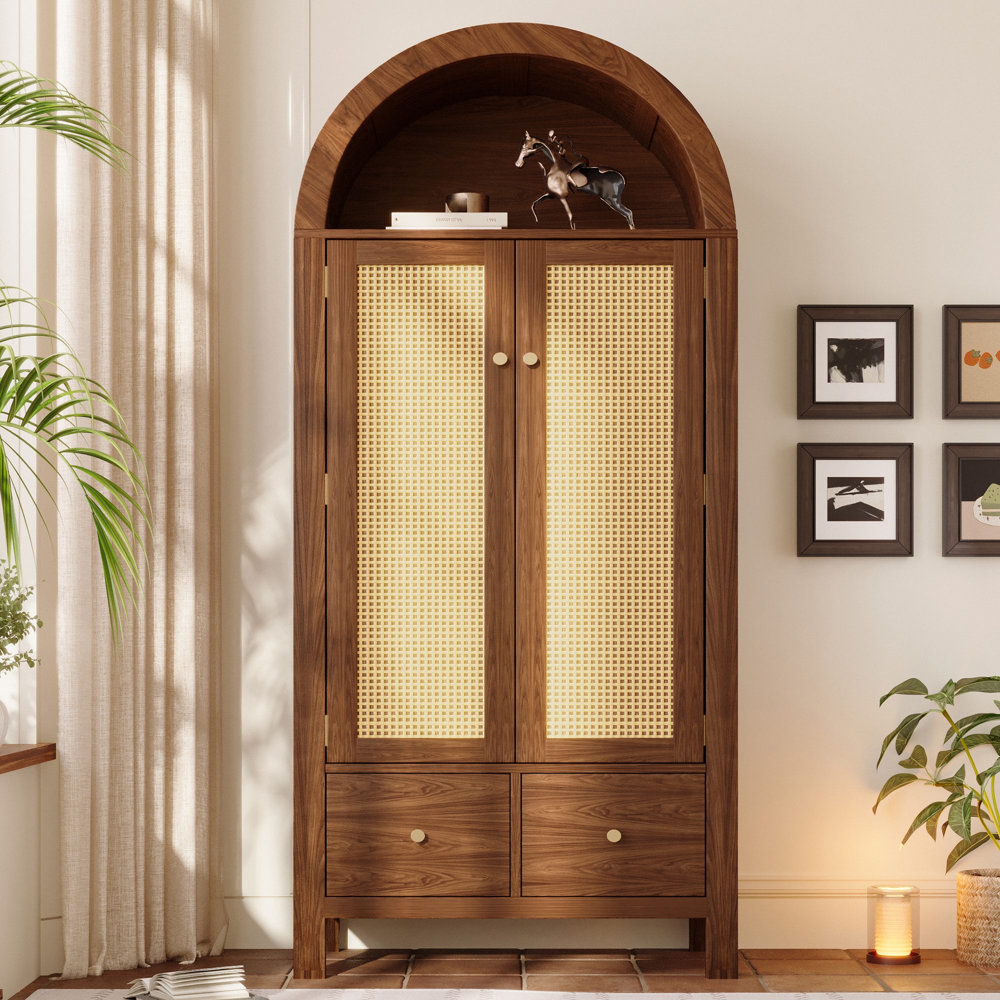 Celya Kleiderschrank 181x78x45 cm mit Rattan-Flechten, mit 2 Schubladen, Kleiderstange (offene halbrunde Ablage,2 Türen mit Magnetverschluss und Kippsicherung)
