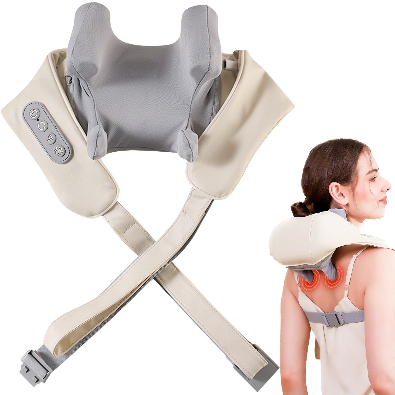 CkeyiN Nacken-Massagegerät mit Wärmefunktion, 4 Massageköpfe Nacken- und Schulter-Massagegerät, 2 Intensitätsstufen Kabelloses Shiatsu 6D Massagegerät für Nacken