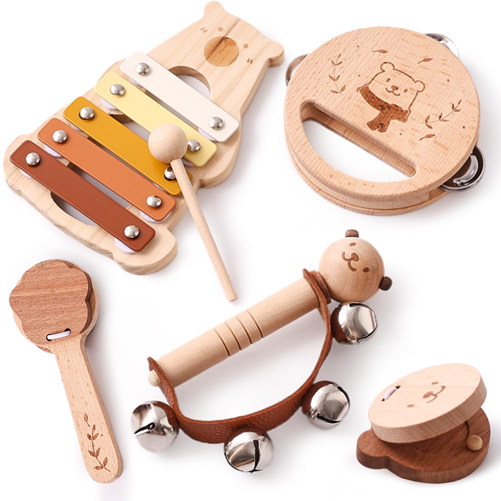 Lzbargon Spielzeug-Musikinstrument Bär Musikinstrumente Baby Musikinstrumente Montessori-Holzspielzeug, für Kinder ab3Jahr, Schlagzeug Xylophon Tamburin Instrumente