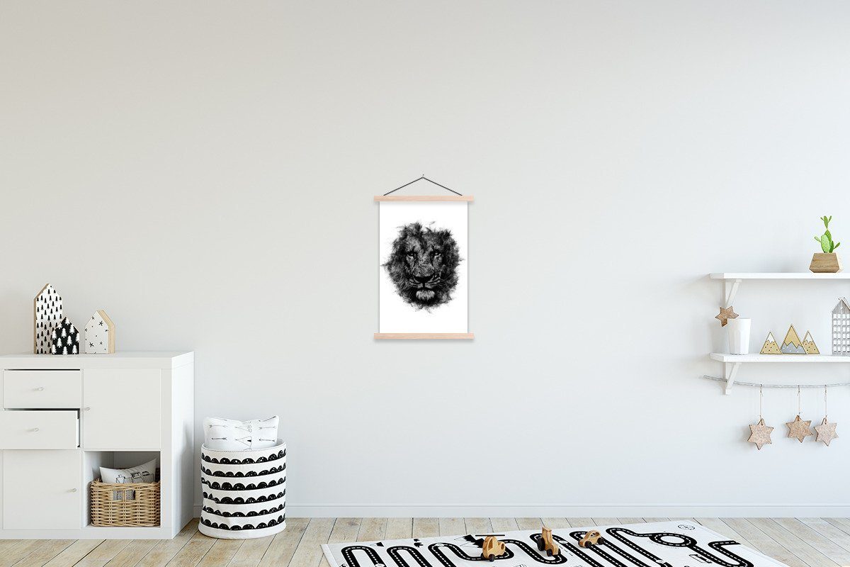 MuchoWow Poster Löwe - Schwarz - Weiß, (1 St), Posterleiste, Textilposter für Wohnzimmer, Bilderleiste, Magnetisch