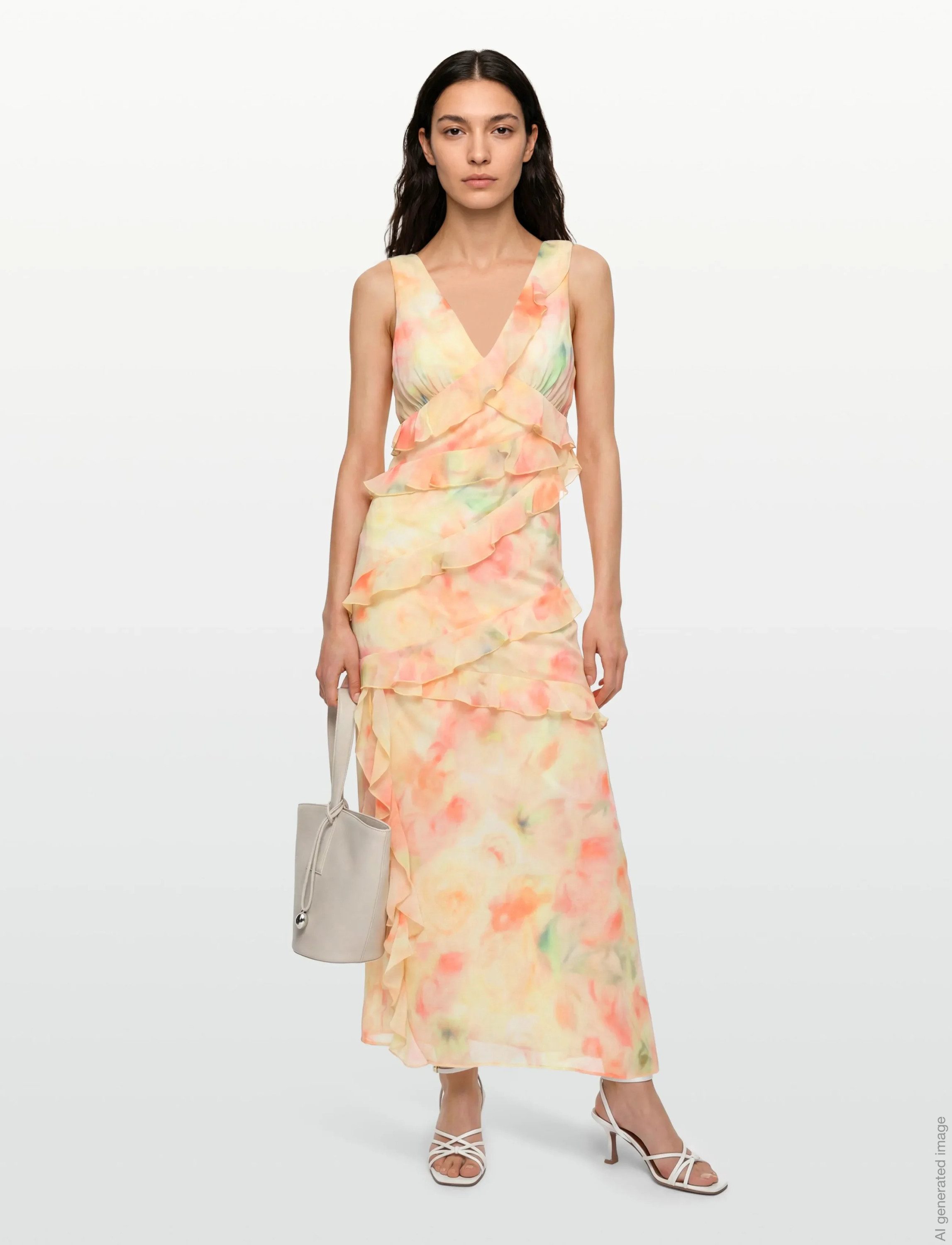 Gina Tricot Maxikleid Frill maxi dress - Volantkleid Damen Maxikleid Blumenprint Sommer