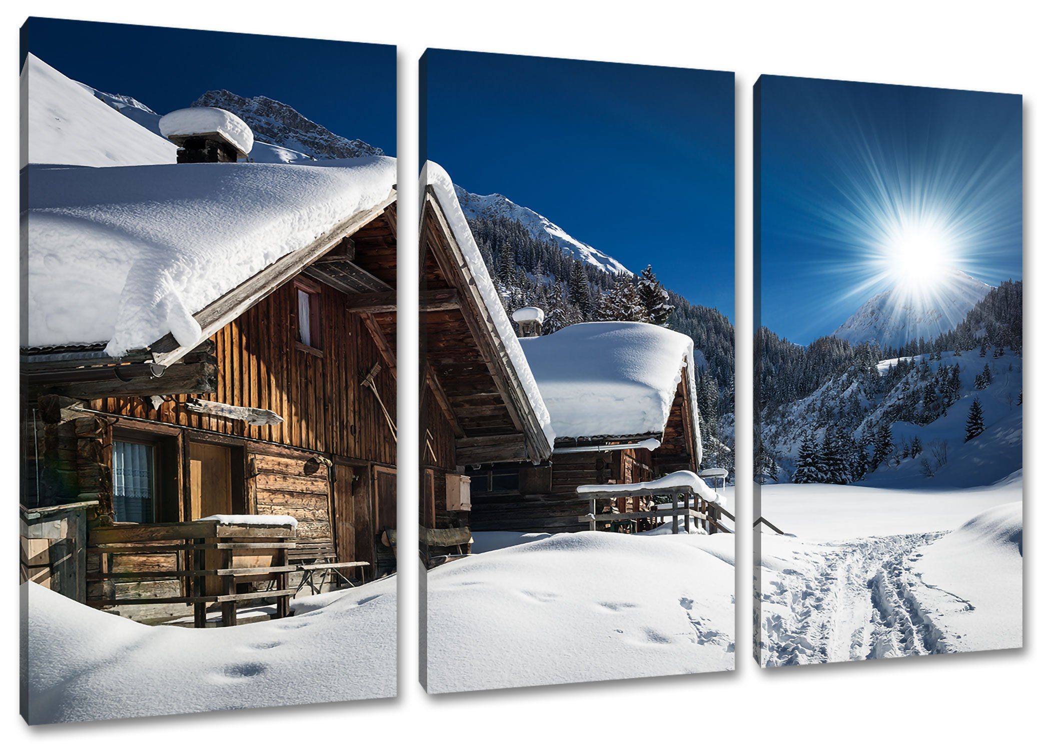 (120x80cm) Verschneite inkl. Leinwandbild Pixxprint (1 St), Alpenhütte bespannt, fertig Leinwandbild Verschneite 3Teiler Alpenhütte, Zackenaufhänger