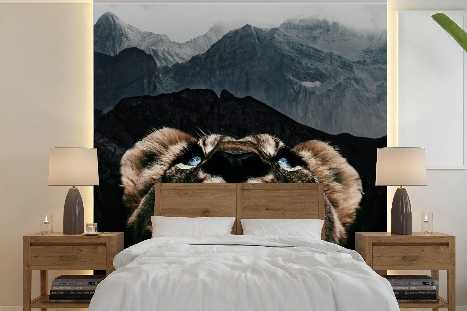 MuchoWow Fototapete Tiger - Berg - Tiere, Matt, bedruckt, (5 St), Vinyl Tapete für Wohnzimmer oder Schlafzimmer, Wandtapete